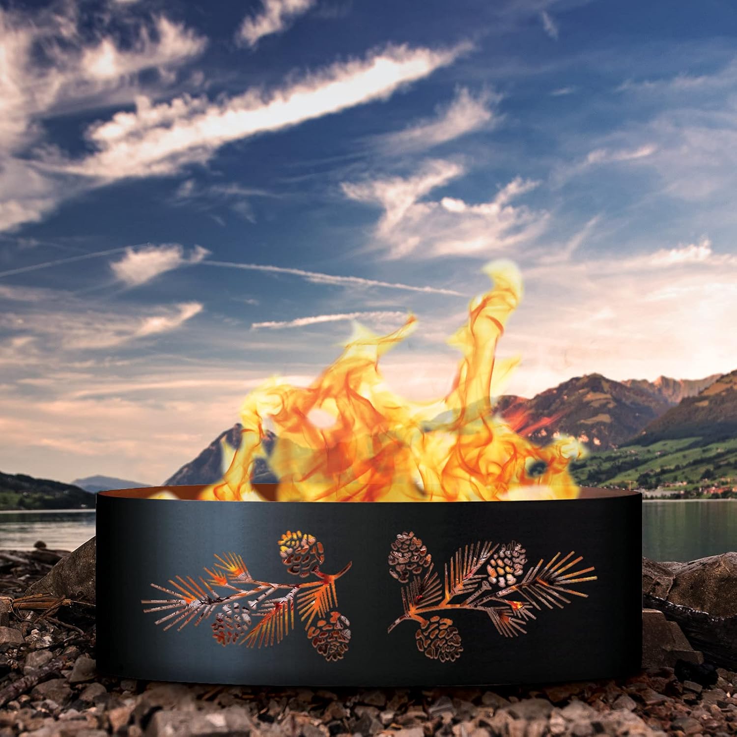 PD Metals PB0937-FP Pine Bough Unpainted 12 in. Tall 37 in. Diameter Outdoor Fire Ring with Fire Poker - 37 x 37 x 12 in. - Rustic Black Color