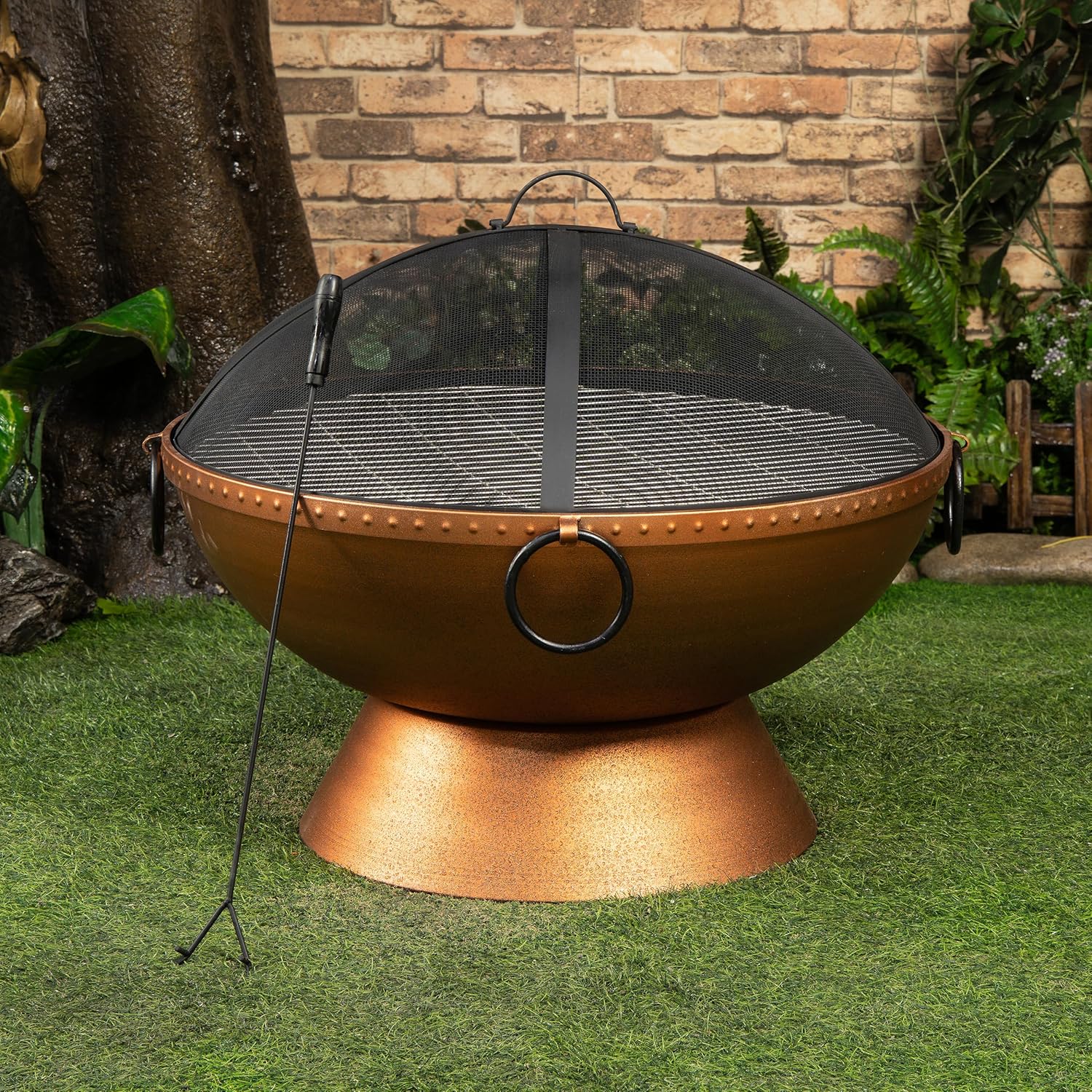 31 Inch Round Wood Burning Steel Fire Pit with Spark Screen - Outdoor Firebowl with Log Poker - Heavy Duty and Portable Firepit with Handles - Fire Bowl for Patio Camping Backyard