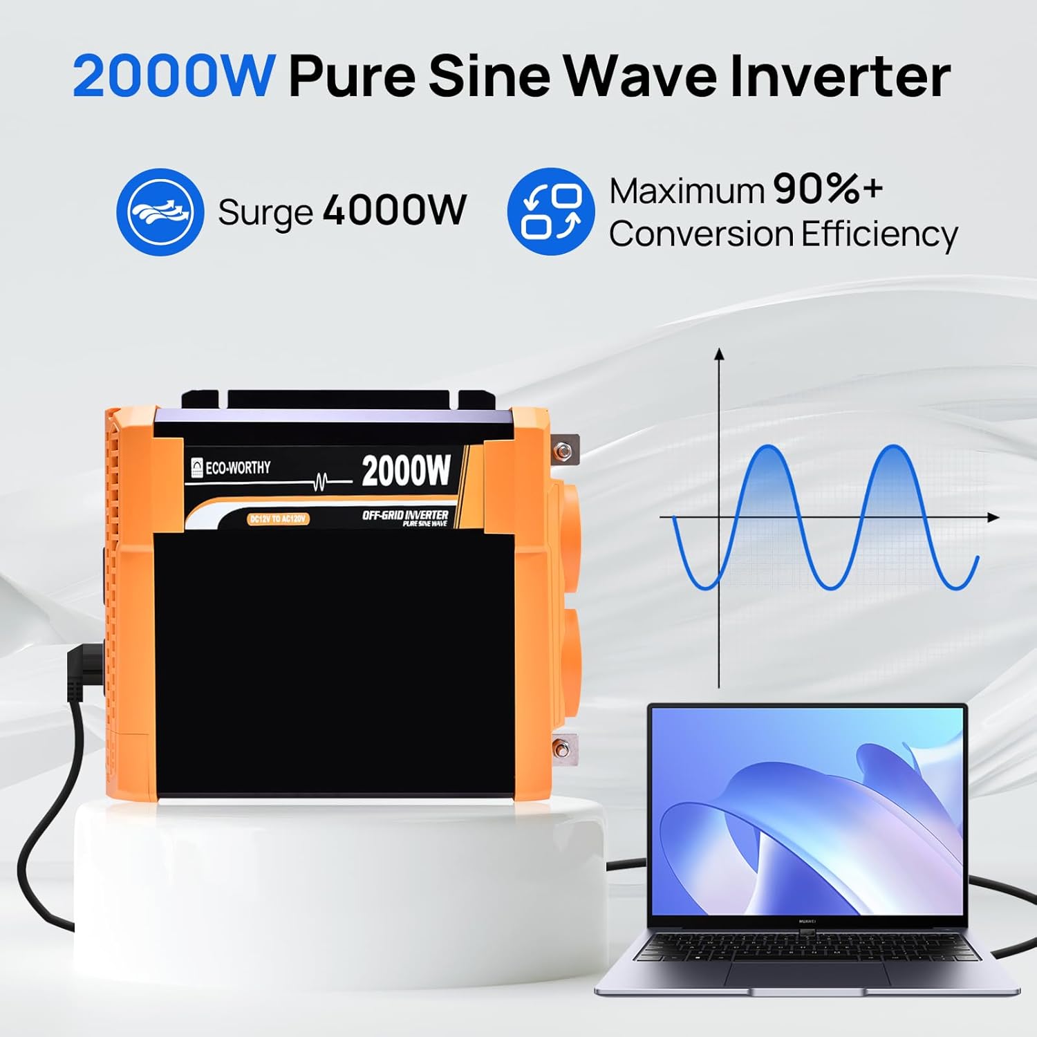 ECO-WORTHY 2000W Pure Sine Wave Solar Inverter, 12V DC to 120V AC, Built-in Dual 18W USB Port, 2 x AC Outlets, 1 x Hardwire Terminal, 1 x 200A Fuse, Remote Controller for RV