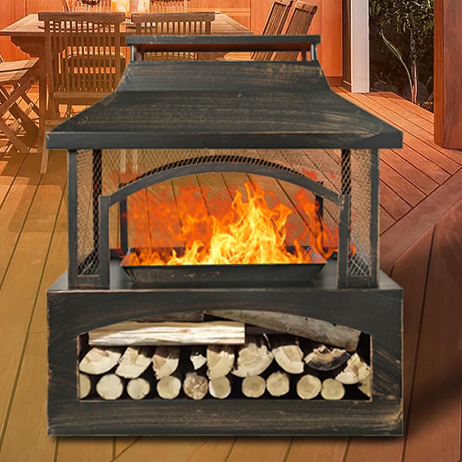 Steel Fire Pits for Outside Wood Burning, 37-Inch Rectangular Outdoor Fireplaces with Chimney & Fire Poker, Large Firepit & Fire Table for Backyard Patio Party Camping Picnic