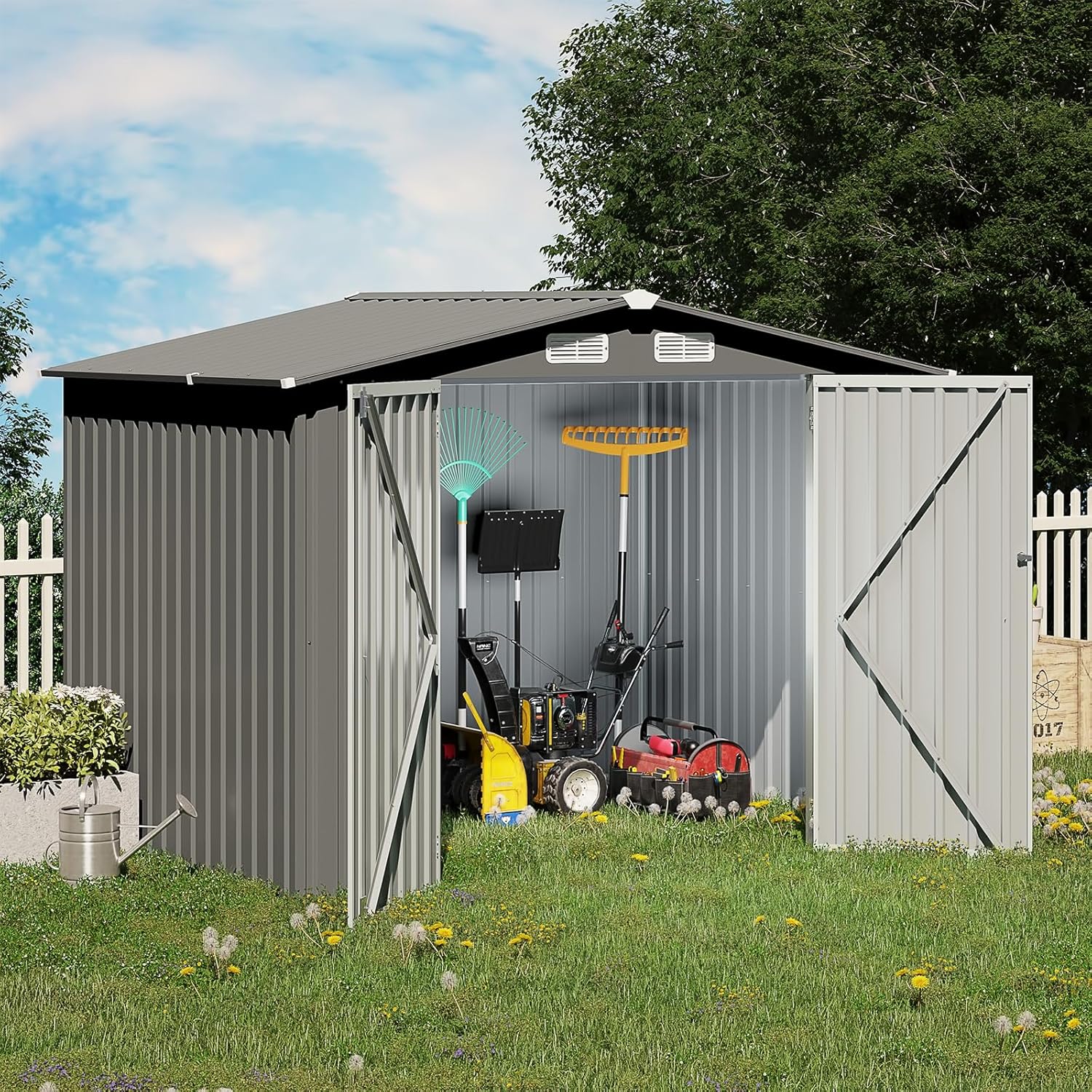 OC Orange-Casual 8 x 6 FT Outdoor Storage Shed, Metal Garden Tool Shed, Outside Sheds & Outdoor Storage Galvanized Steel w/Lockable Door for Backyard, Patio, Lawn, Grey