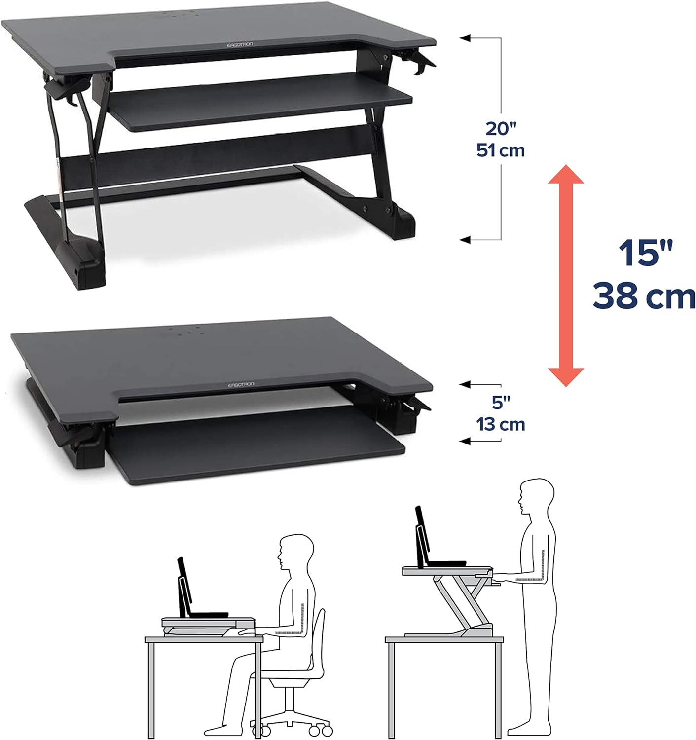 Ergotron – WorkFit-TL Standing Desk Converter, Dual Monitor Sit Stand Desk Riser for Tabletops – 37.5 Inch Width, Black