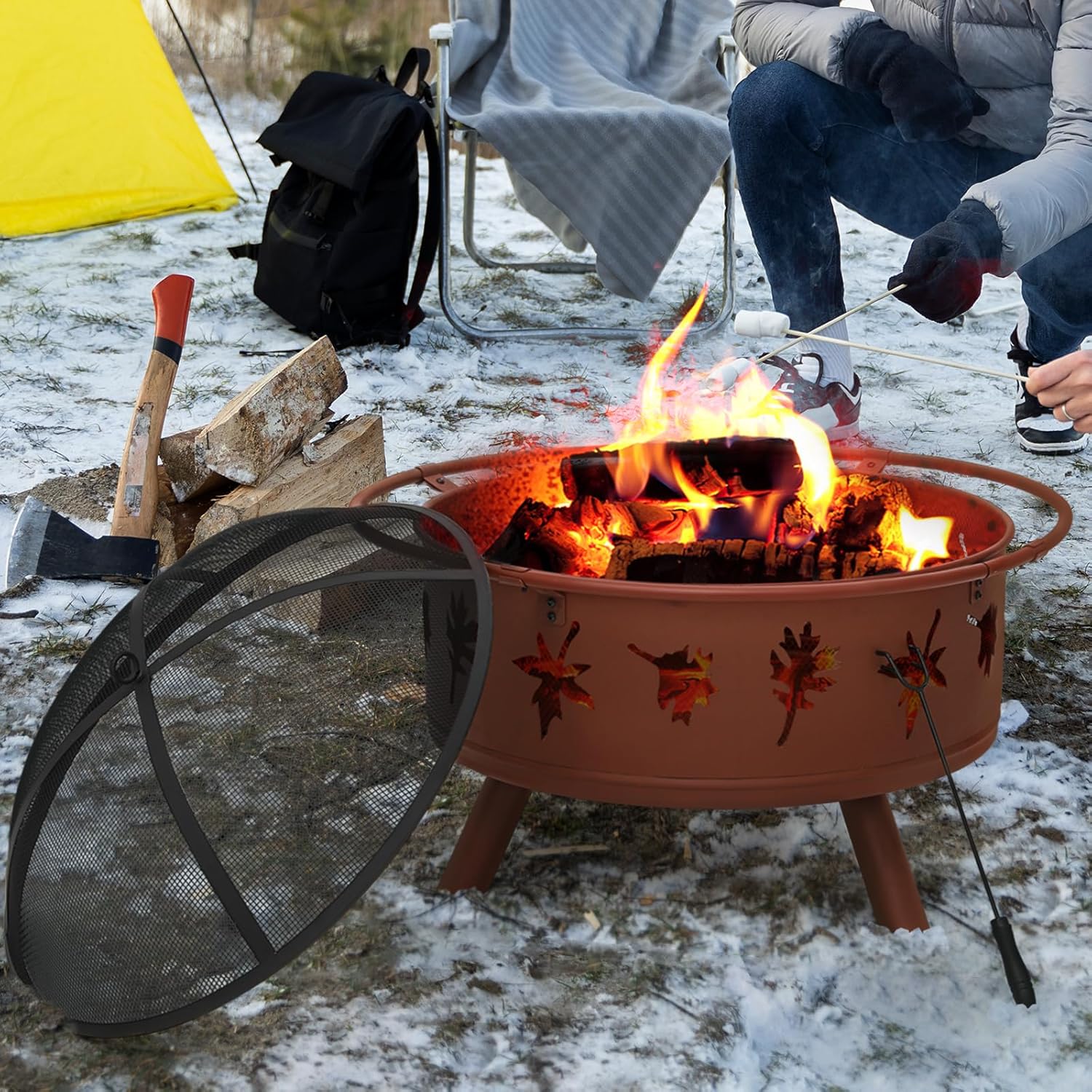 32 Inch Outdoor Fire Pit, 2 in 1 Metal Round Wood Burning Fire Pit, Maple Leaf Cutout Large Fireplace Firepits for Outside Patio Backyard Bonfire BBQ with Spark Screen, Poker, Grate, Gold