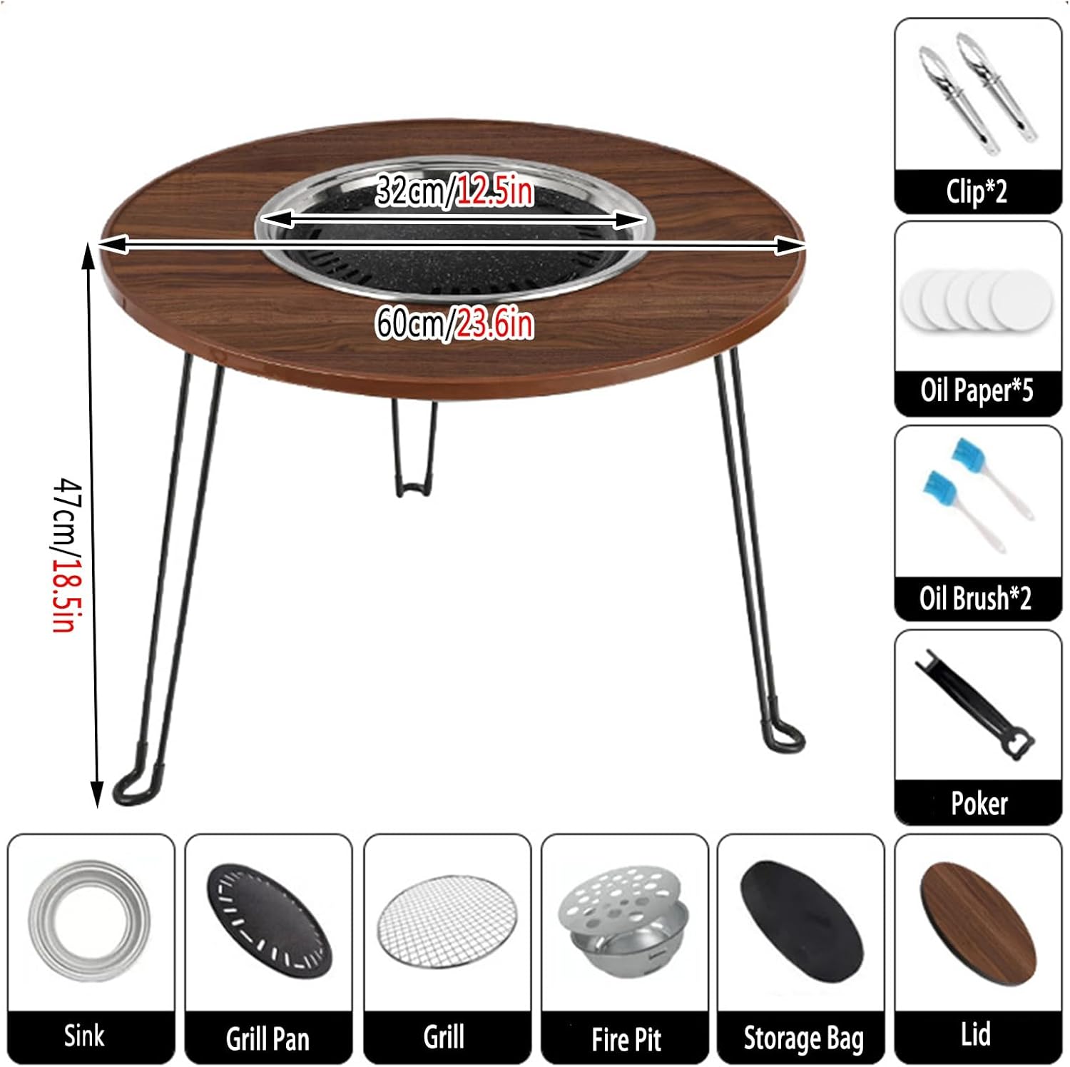 TemkIN Multifunctional Fire Pit Table, Folding 3-in-1 Round Laminated Wooden Tabletop, Portable Bistro Table, for Outdoor Garden Patio