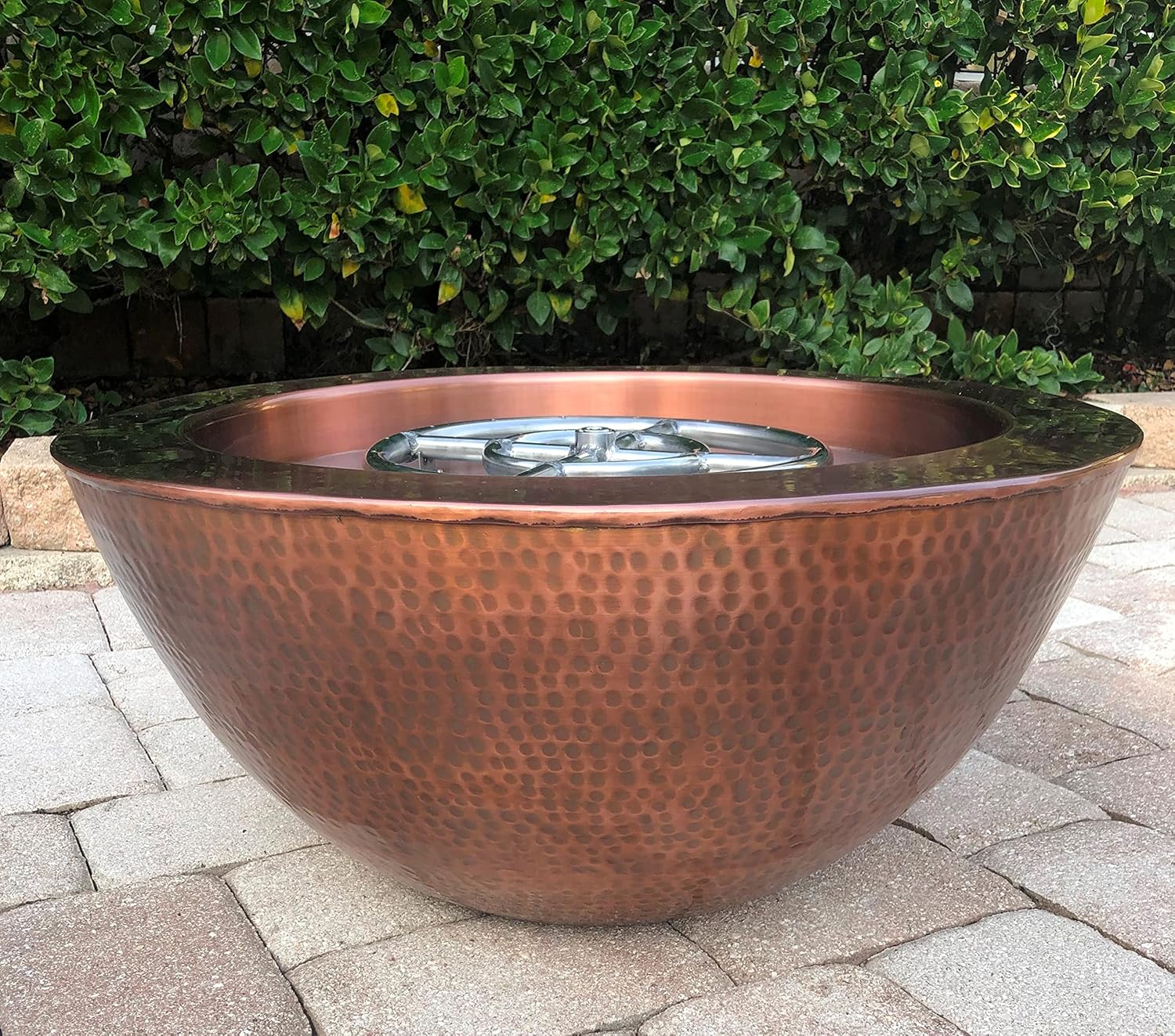26 Inch Hammered Copper Bowl Round Propane or Natural Gas Fire Pit with 12 inch Diameter Burner Ring 92,000 BTU