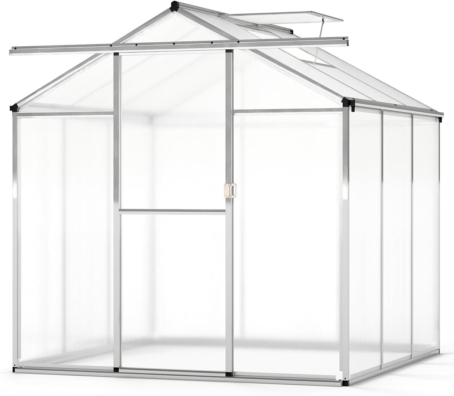 Happygrill Walk-in Greenhouse, 6 x 6 x 6.5 FT Outdoor Large Green House w/ Sliding Door, Adjustable Roof Vent, Rain Gutter, Polycarbonate Panels, Heavy-Duty Aluminum Greenhouses for Outdoors, Garden