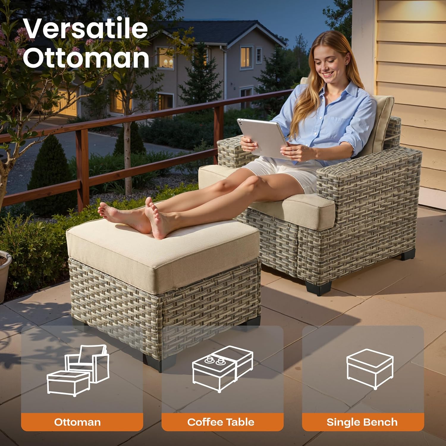 ovios 10 Piece Patio Sectional Furniture with 42in Fire Pit Table, Rattan Wicker Coversation Setwith Single Chairs, Outdoor Sofa Set for Outside Porch Balcony Backyard Pool, Beige