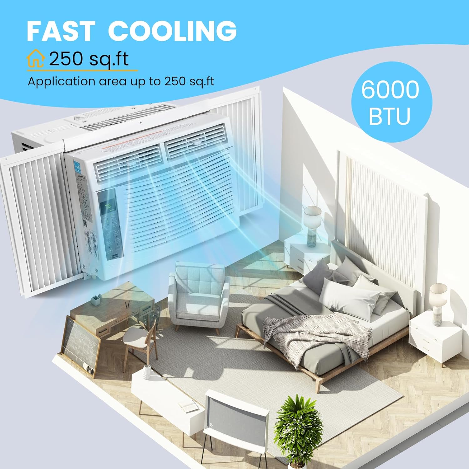 Window Air Conditioner 6000 Btu，Air Conditioner Window Unit Efficient Cools Up to 250 Square Feet，Window Ac Units with Remote, 3 Cooling & Fan Speeds, Window Install Kit