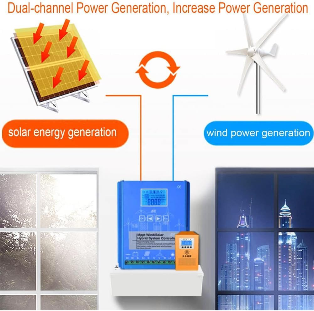 Wind Solar Hybrid Charge Controller,3000W12V/24V/48V Off Grid MPPT Wind Turbine Solar Charge Controller Hybrid Controller 2000W Wind and 1000W Solar Panel