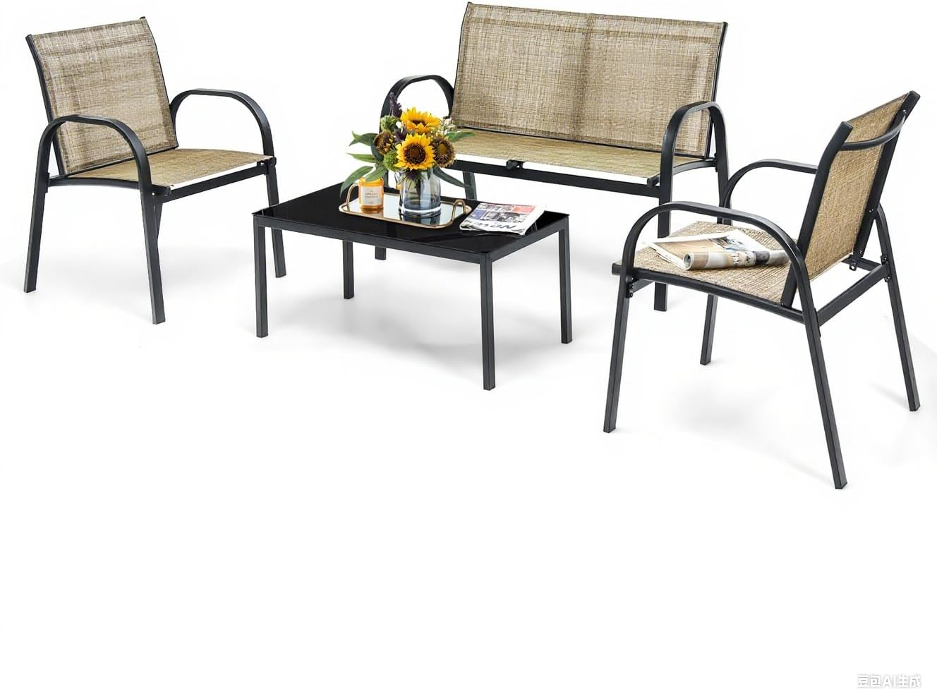 DORTALA 4 Piece Outdoor Furniture Set, Patio Conversation Set with Loveseat, 2 Single Chairs, Patio Sofa Garden Sofa Set with Steel Frame, Ideal for Balcony,Poolside, Brown