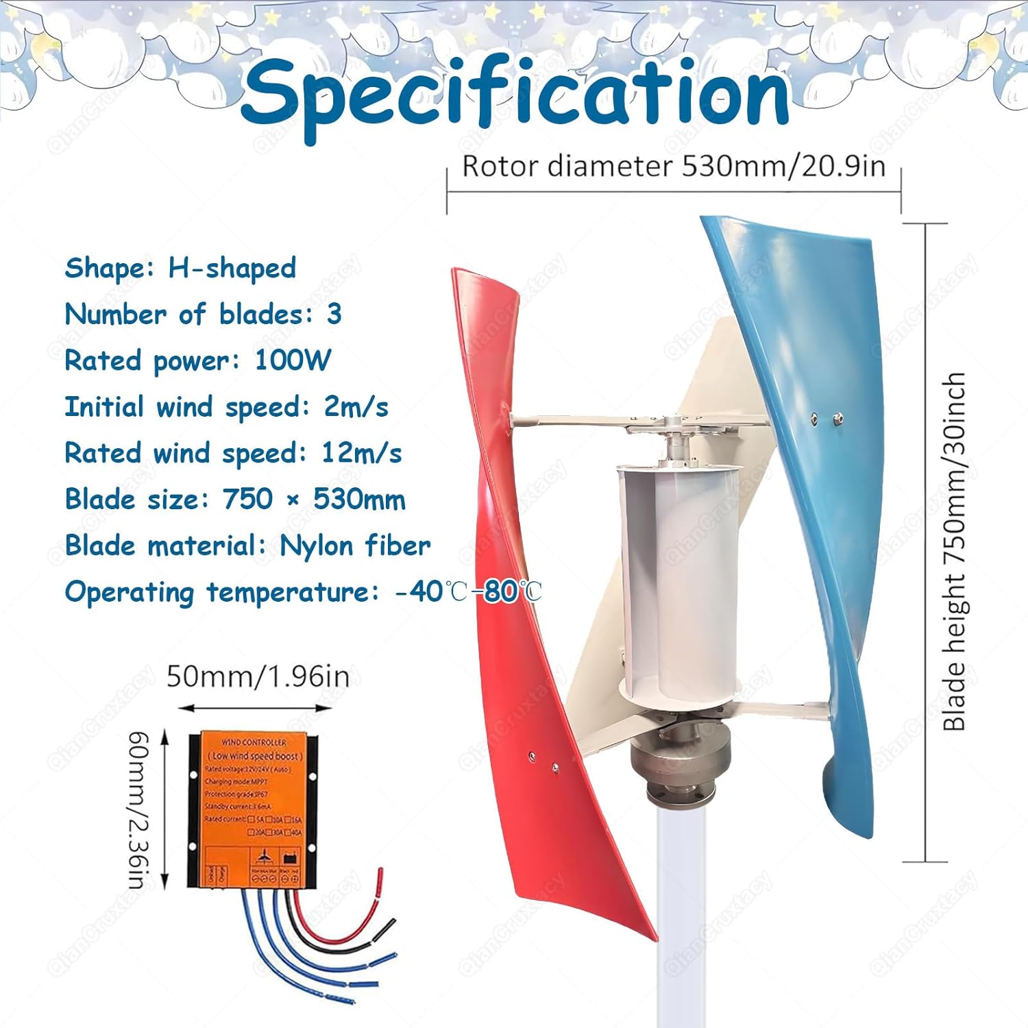 Vertical Magnetic Levitation Wind Turbine,3-Blade Turbine with Auxiliary Wind Wheel & Controller,360° Automatic Wind Direction Adaptation,for Home,Cabin,Gazebo Energy Multi-300W