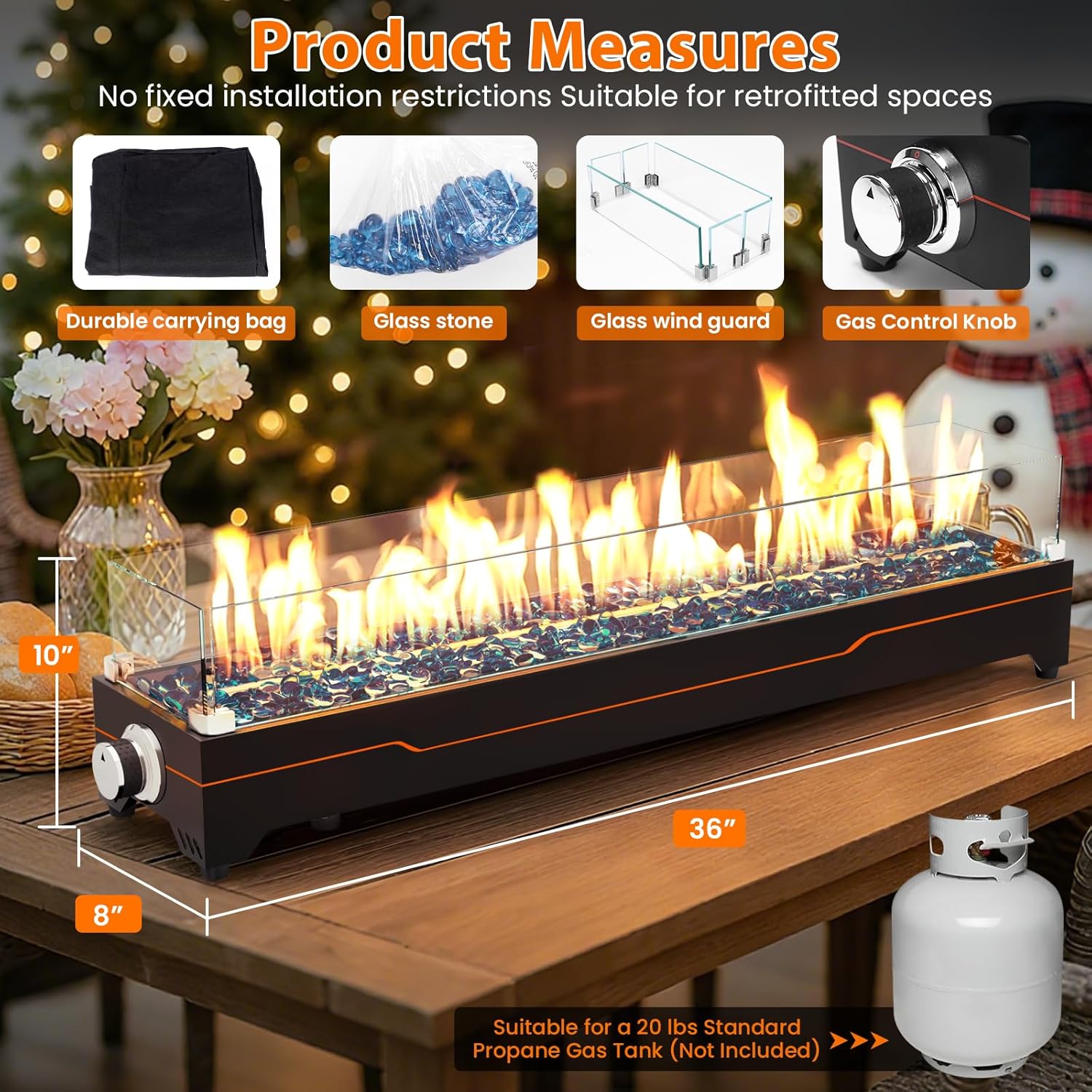 GRISUN Tabletop Fire Pit,36 Inch Propane Fire Pit Table,50000 BTU Table Top Firepit with Glass Wind Guard,Stainless Steel Burner,Fire Glass,Portable Propane fire Pit for Patio, Camping, Backyard & RV