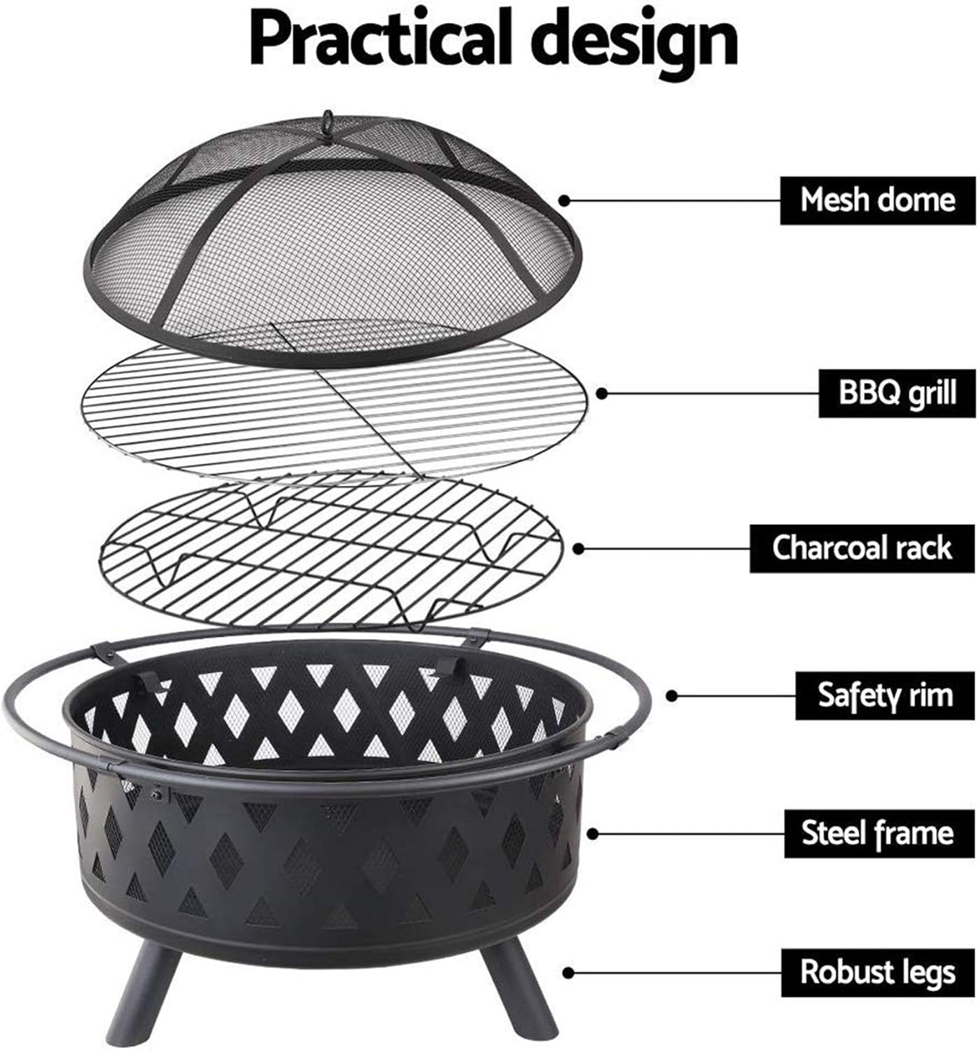 Fire Pit Outdoor Wood Burning Pits for Outdoor Backyard Patio Bonfire Campfire Grill Grate Mesh Spark Screen Poker Waterproof Cover Included