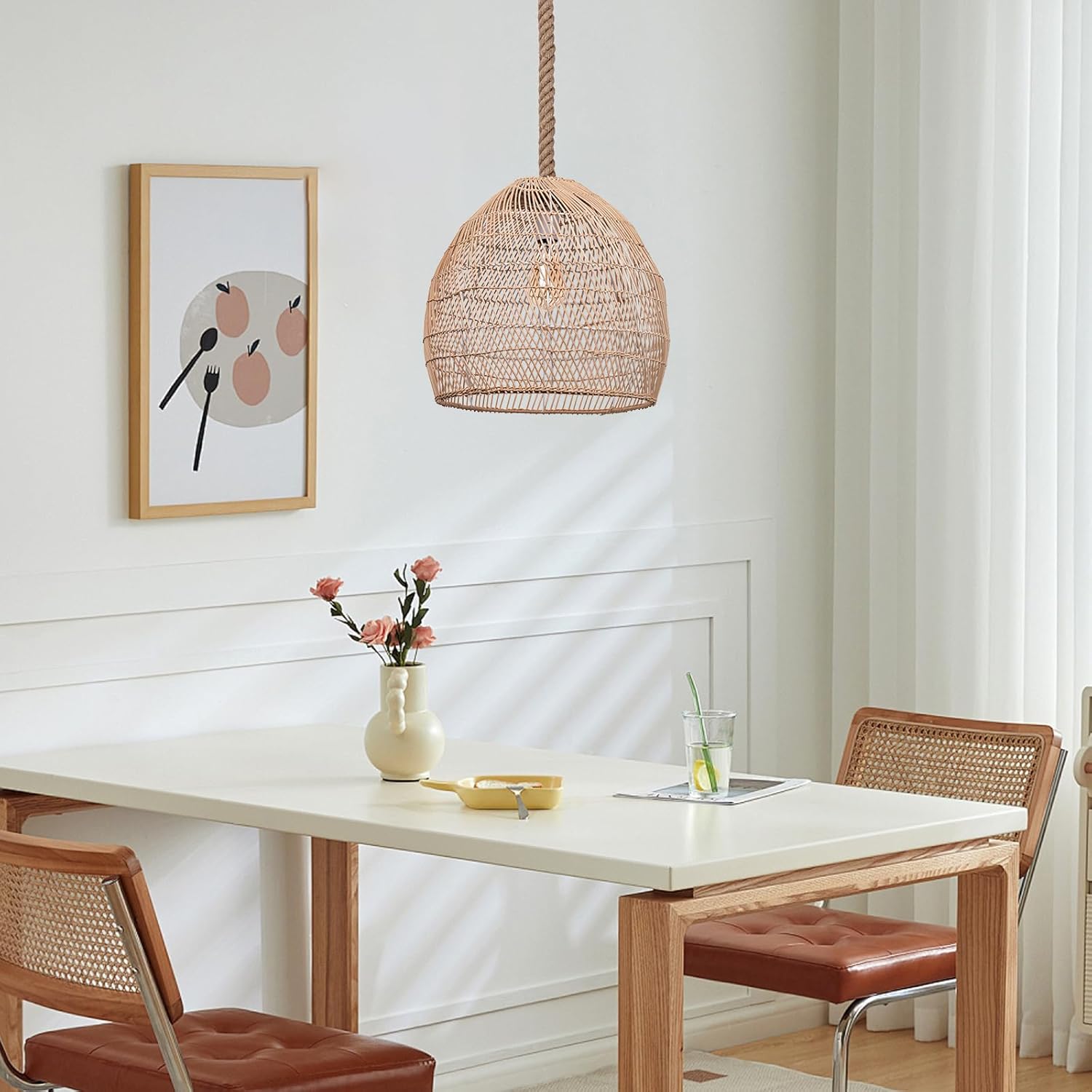 1 Light Rattan Chandelier Woven Pendant Light Fixture, Boho Coastal Wicker Hanging Ceiling Lighting for Kitchen, 15.74