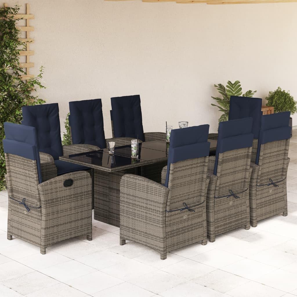 Furniture Sets 9 Piece Patio Dining Set with Cushions Gray Poly Rattan,Outdoor Garden Dining Set with Adjustable Reclining Rattan Chairs and Durable Tempered Glass Table Garden Conversation Sets