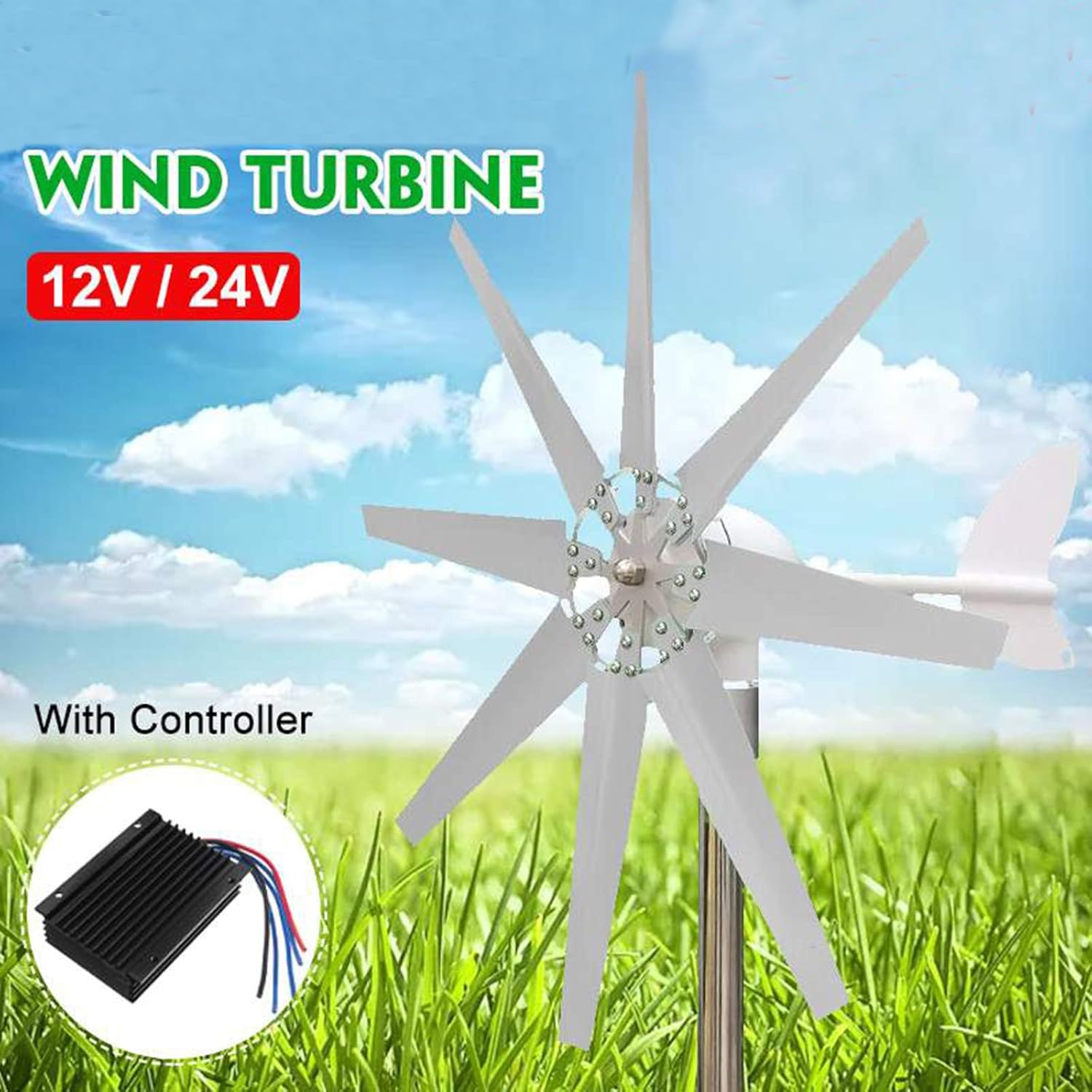 12V 24V 48V Wind Generator with MPPT Controller 1000W-3000W 8 Blades Horizontal Low Nois Wind Generator for Home Yacht Yard Roof Boat Windmill