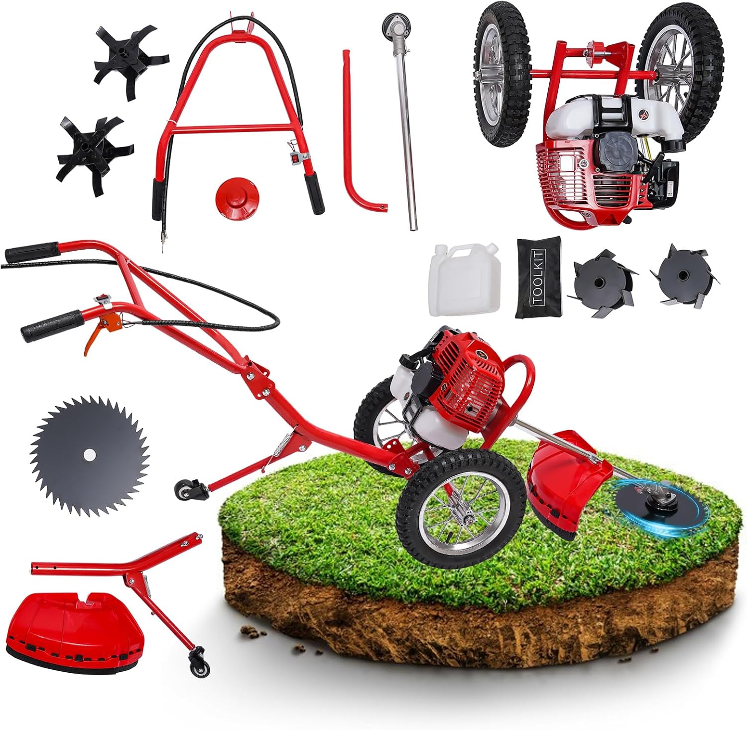 2-Stroke Hand Push Lawn Mower, Weed Mower Cordless, Gas Mower Grass Trimmer Brush Cutter Hand Push,1.8 KW 49 CC Single-Cylinder Gasoline Engine Grass Trimmer