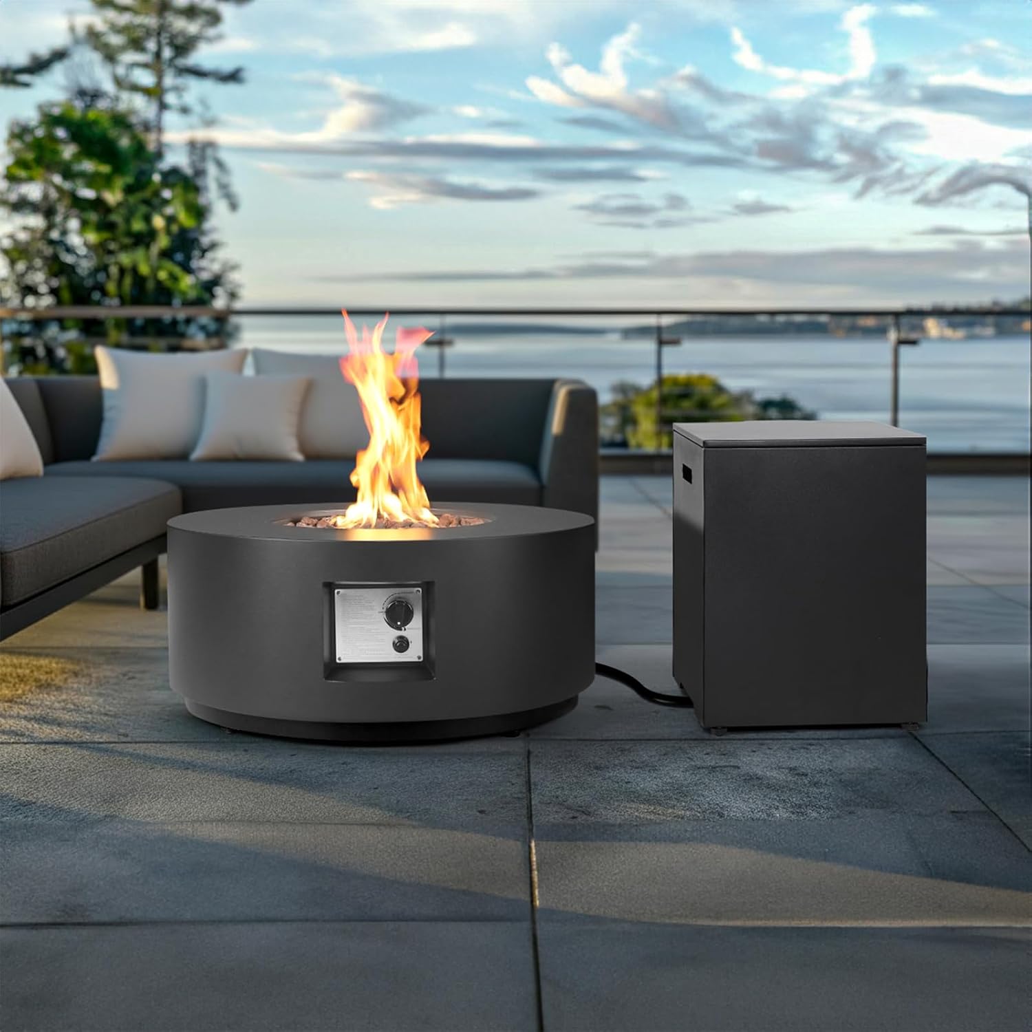 30-inch Outdoor Propane Fire Pit Table Round - Modern Gas Fire Pits Patio Heavy-Duty Firepit 50,000 BTU Fire Table with Tank Cover for Deck, Backyard and Pool, Black