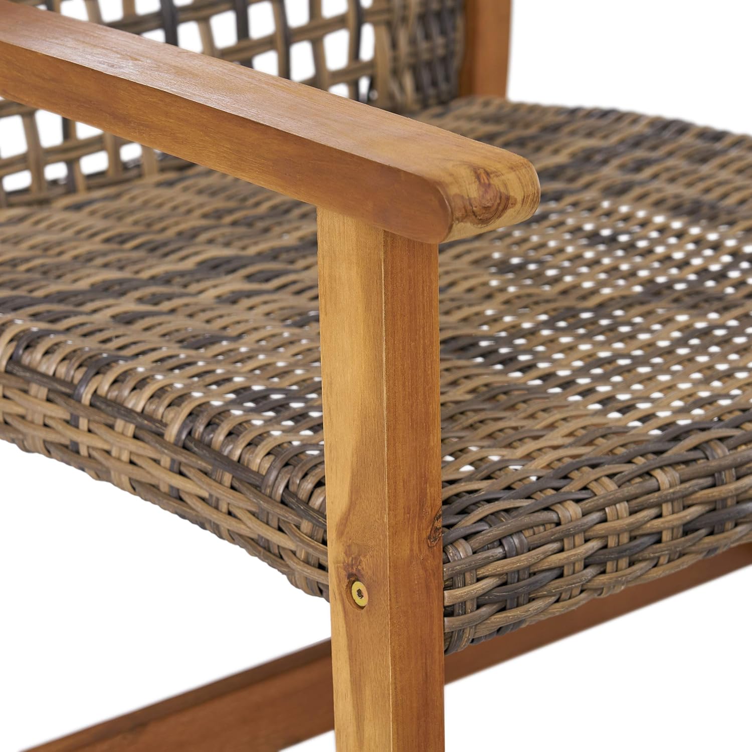 GDFStudio MacArthur Outdoor 4 Piece Wood and Wicker Club Chair Set with Fire Pit, Natural with Gray and Brown