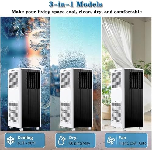 8000 BTU Portable AC Unit - 3-in-1 Air Conditioner, Dehumidifier & Fan for 350 Sq.Ft Rooms, Quiet 50dB, Remote Control, Window Kit Included, 24H Timer, Energy Saving, Easy Install