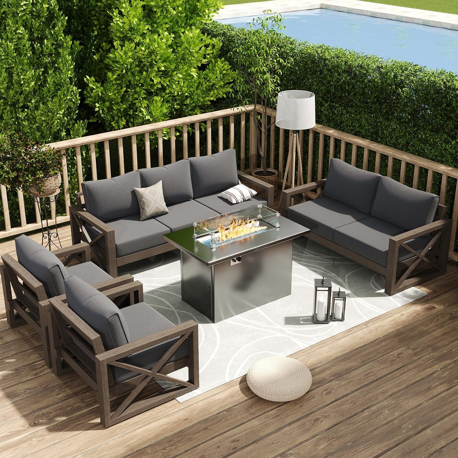 Amopatio Aluminum Patio Furniture Set with Fire Pit, 8 Pcs Metal Patio Sofa Couch Sets with Aluminum Fire Pit Table, Modern Outdoor Furniture with 6