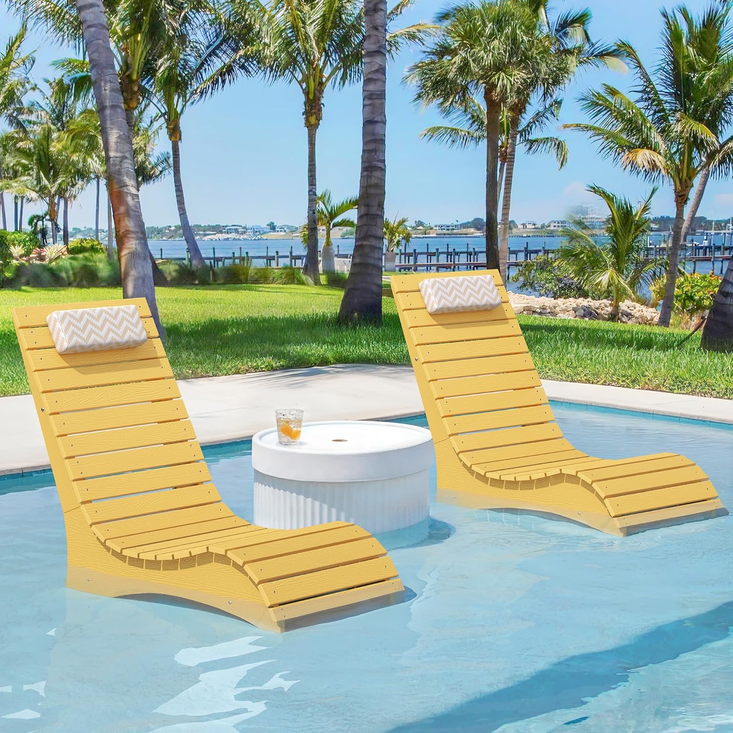 HDPS Pool Lounge Chairs Set of 2, Use in Pools Lounge Chairs up to 10-Inches of Water, Chaise Chairs with Headrest, Lounge Chair Outdoor, Fade-Resistant Pool Lounger for Deck