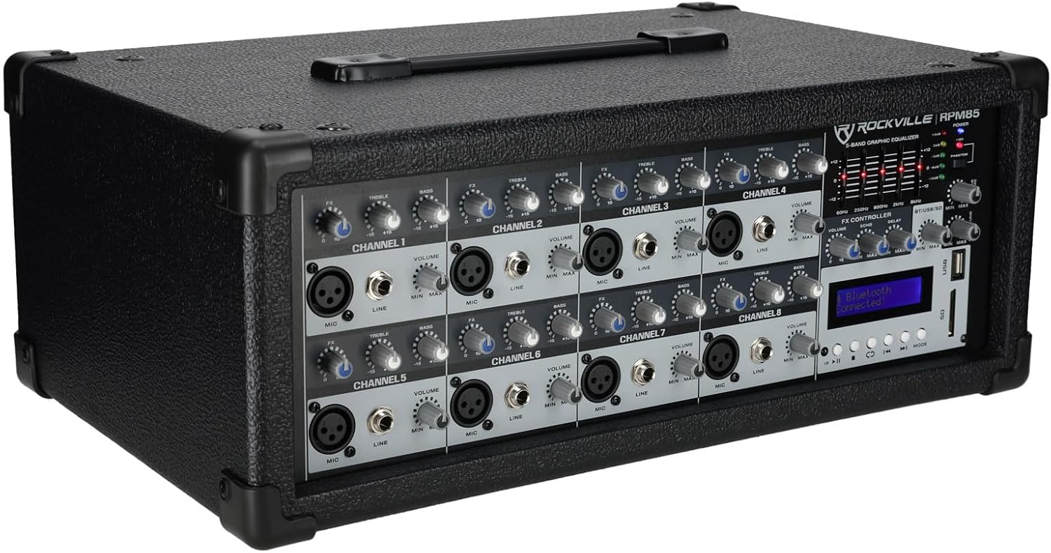 Rockville RPM85 2400W Powered 8 Channel Mixer, Bluetooth, USB/SD, 5 Band EQ, Adjustable Echo/Delay, +15V Phantom Power, for Live Music and Events