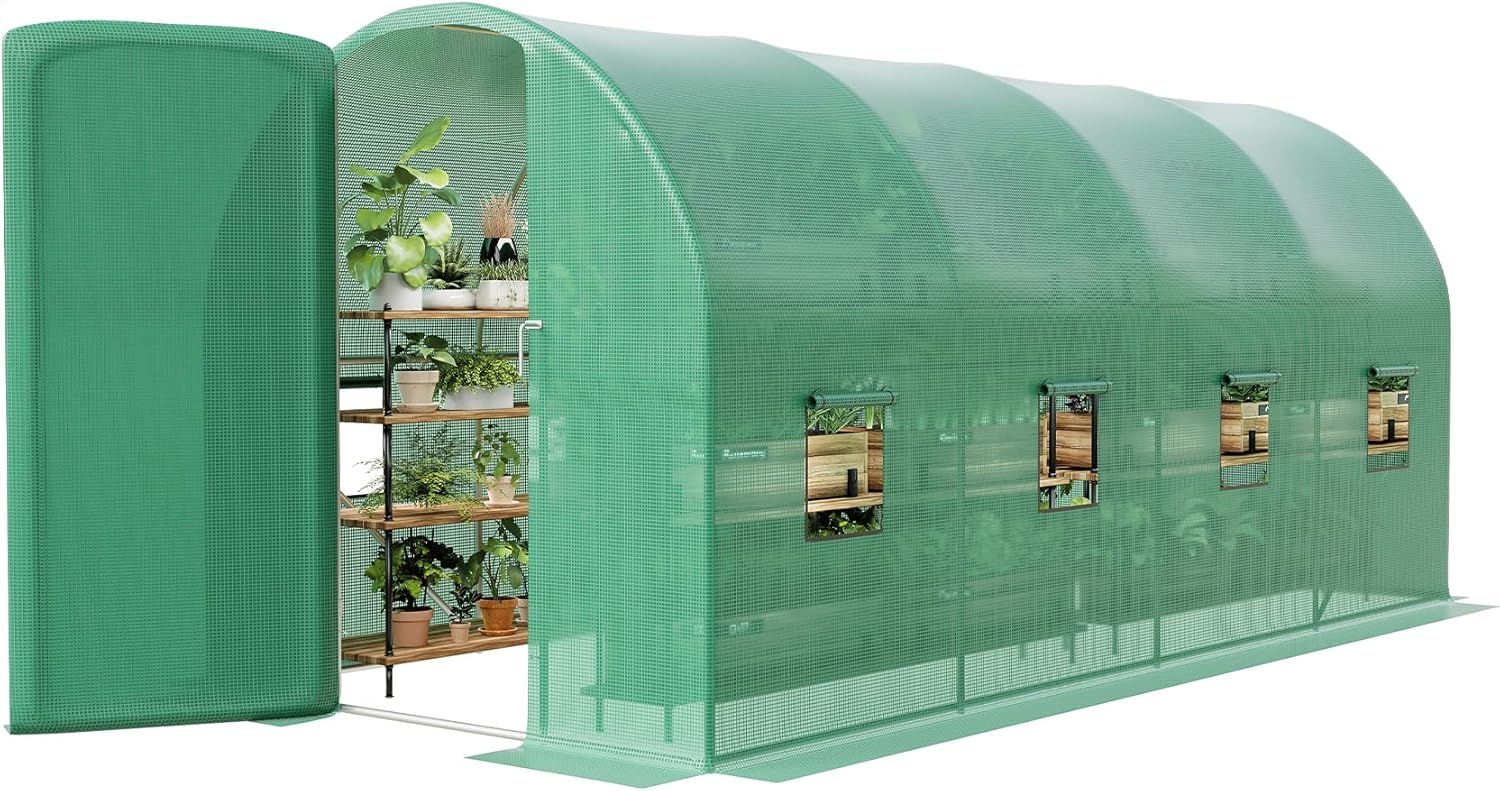 Large Walk-in Greenhouse for Outdoors, Galvanized Steel Frame Tunnel Garden Plant Hot Houses, A Swing Door & 8 Mesh Window Green Houses Kit Growing Tent with PE Cover for Outside Yard Garden