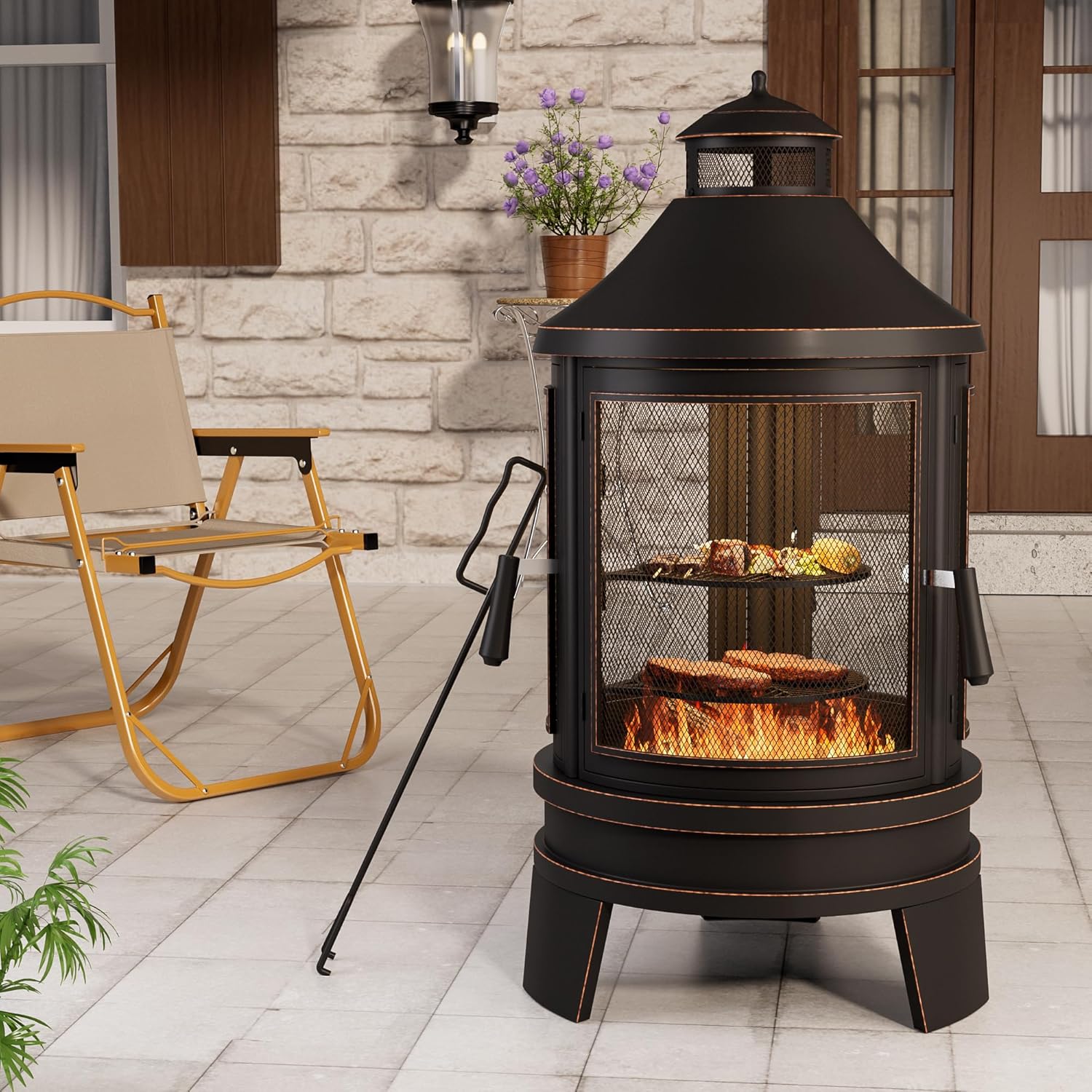 Outdoor Wood Burning Chiminea Fire Pit,24 Inch Metal Fireplace with Adjustable Grill Tray, Spark Screen Door & Fire Poker,Chiminea Firepit for Patio, Garden, Backyard,Black