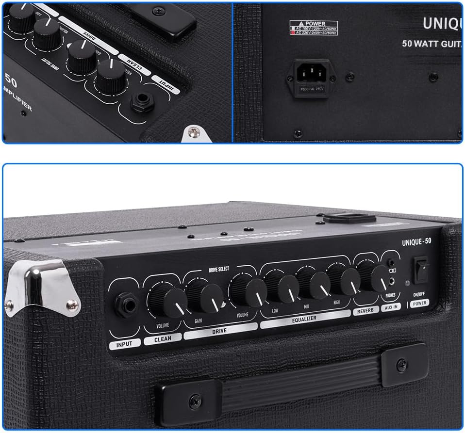 COOLMUSIC Electric Guitar Amp 50W Amplifier Practice Home Amplifier Built in Speaker Headphone Jack and Aux Input Includes Gain Low MID HIGH Volume