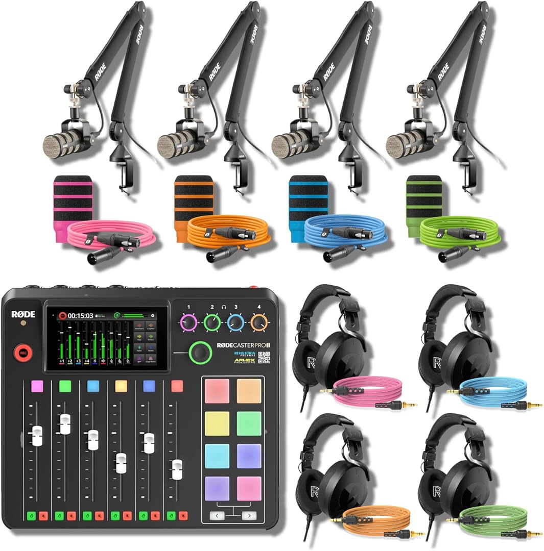 Rodecaster Pro II Ultimate Podcasting Bundle with 4 PodMics, PSA1+ Boom Arms, NTH-100 Headphones, WS14 Filters & Color-Coded Cables