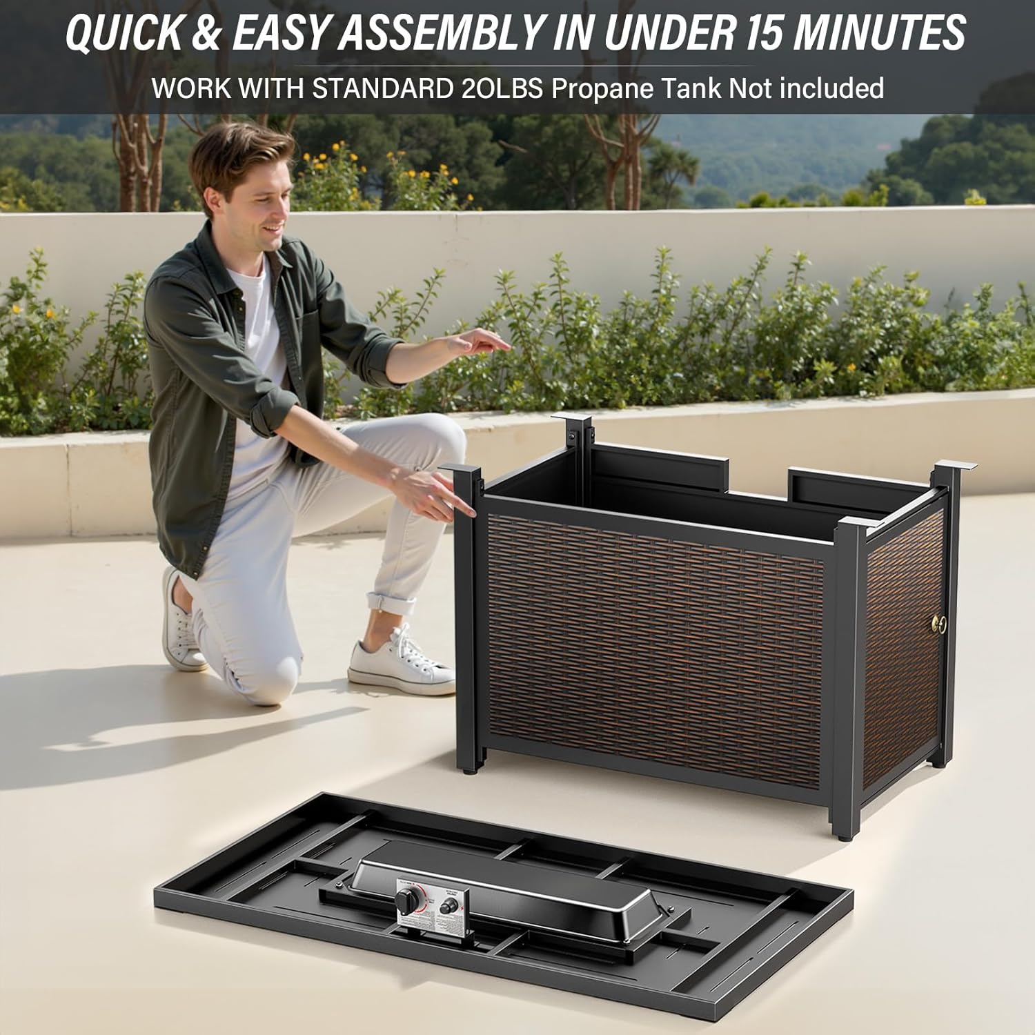 Belord 50000 BTU Propane Fire Pit Table - 43 Inch CSA-Certified Outdoor Fire Table with Lid and Glass Wind Guard 2 in 1 Rectangular Fire Pit Table for Patio Deck Garden and Outdoor Ambiance