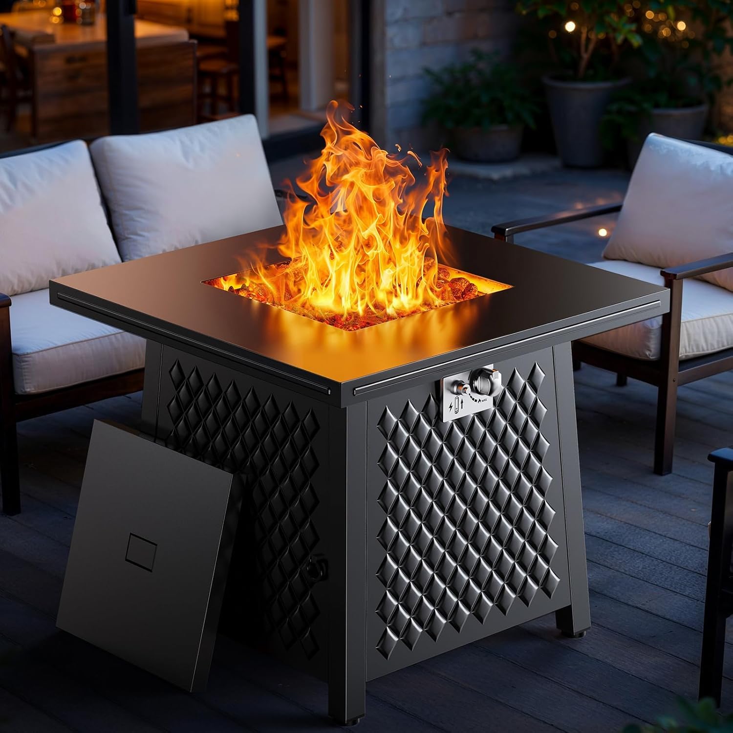 Ciays 32 Inch Propane Fire Pits,50,000 BTU Gas Fire Pit Table for Outsides with Steel Lid and Lava Rock, 2-in-1 Square Fire Table for Gatherings Parties on Patio Deck Garden Backyard, Black