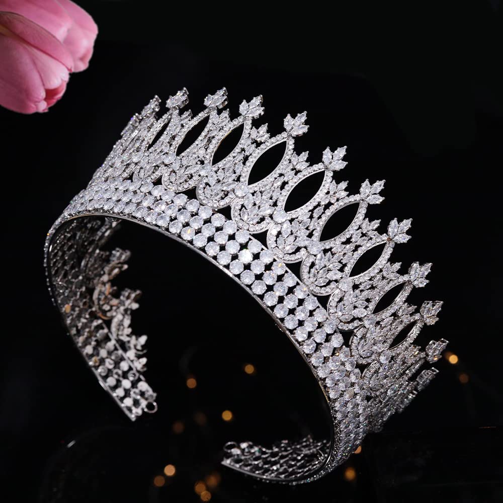 Jorsnovs Luxury Tall Round Wedding Crowns for Bride Queen Tiaras 5A Cubic Zirconia Birthday Princess Big Hair Accessories