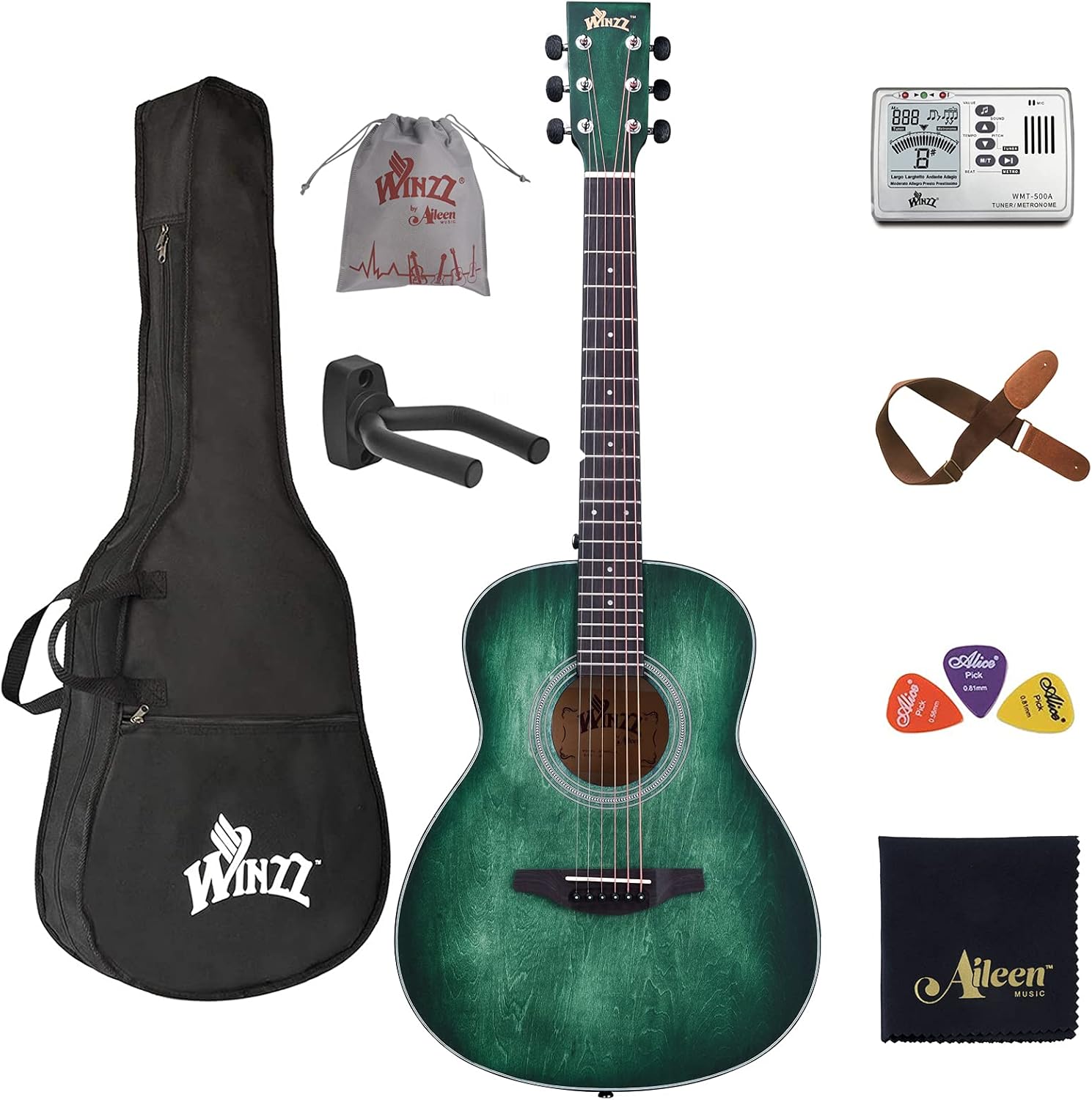 WINZZ HAND RUBBED Series - Left Handed 36 Inches 3/4 Acoustic Acustica Guitar Travel Bundle with Bag, Metronome Tuner, Wall-mounted Hanger, Strap, Picks & Cleaning Cloth, Dark Hunter Green