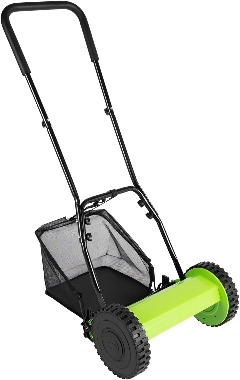 12-Inch Manual Push Reel Lawn Mower with 23L Collection Bag, 5-Blade Push Lawn Sweeper Grass Catcher Outdoor Power Tools Manual Lawn Dethatcher, 12inch Cutting Width