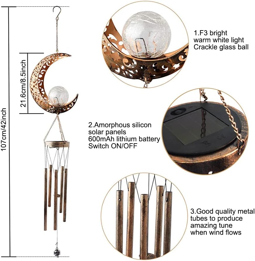 Wind Chimes Solar Lights Outdoor Waterproof Hanging Aeolian Bells Solar Lamp with Moon Star Sun Shape for Party Garden Festival(3PCS)