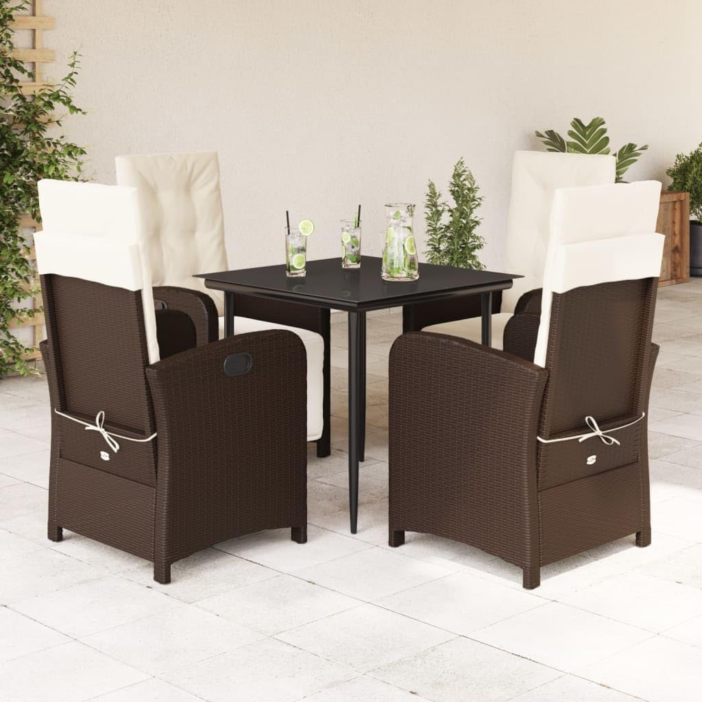5 Piece Patio Dining Set with Cushions Brown Poly Rattan,Comfortable Outdoor Rattan Patio Dining Set with Adjustable Backrest and Footrest for Garden, Balcony, and Backyard Patio Furniture Sets, Outdo