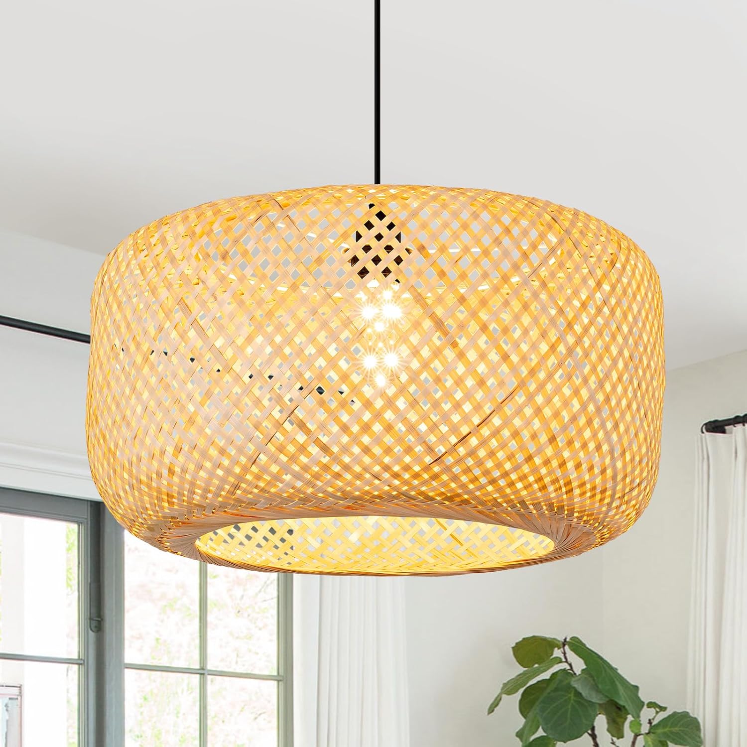 17.72in Bamboo Light Rattan Chandelier Wicker Hand Woven Drum Lighting Fixture Boho Coastal Beach Hanging Basket Lights Pendant for Kitchen Island Dining Room Restaurant Hallway Foyer