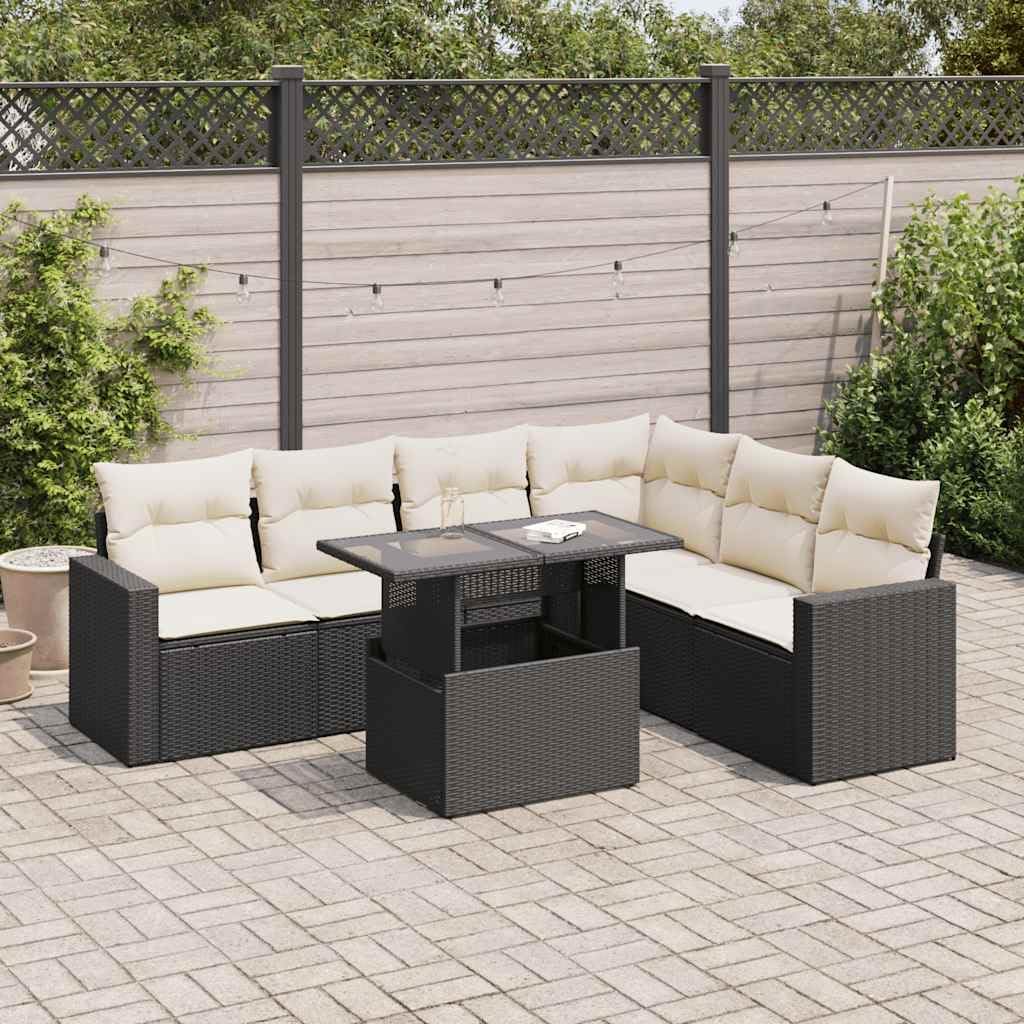 7-Piece Garden Sofa Set Black, Cream White Poly Rattan, Adjustable Armrests, Outdoor Patio Furniture with Storage, UV-Resistant for Balcony