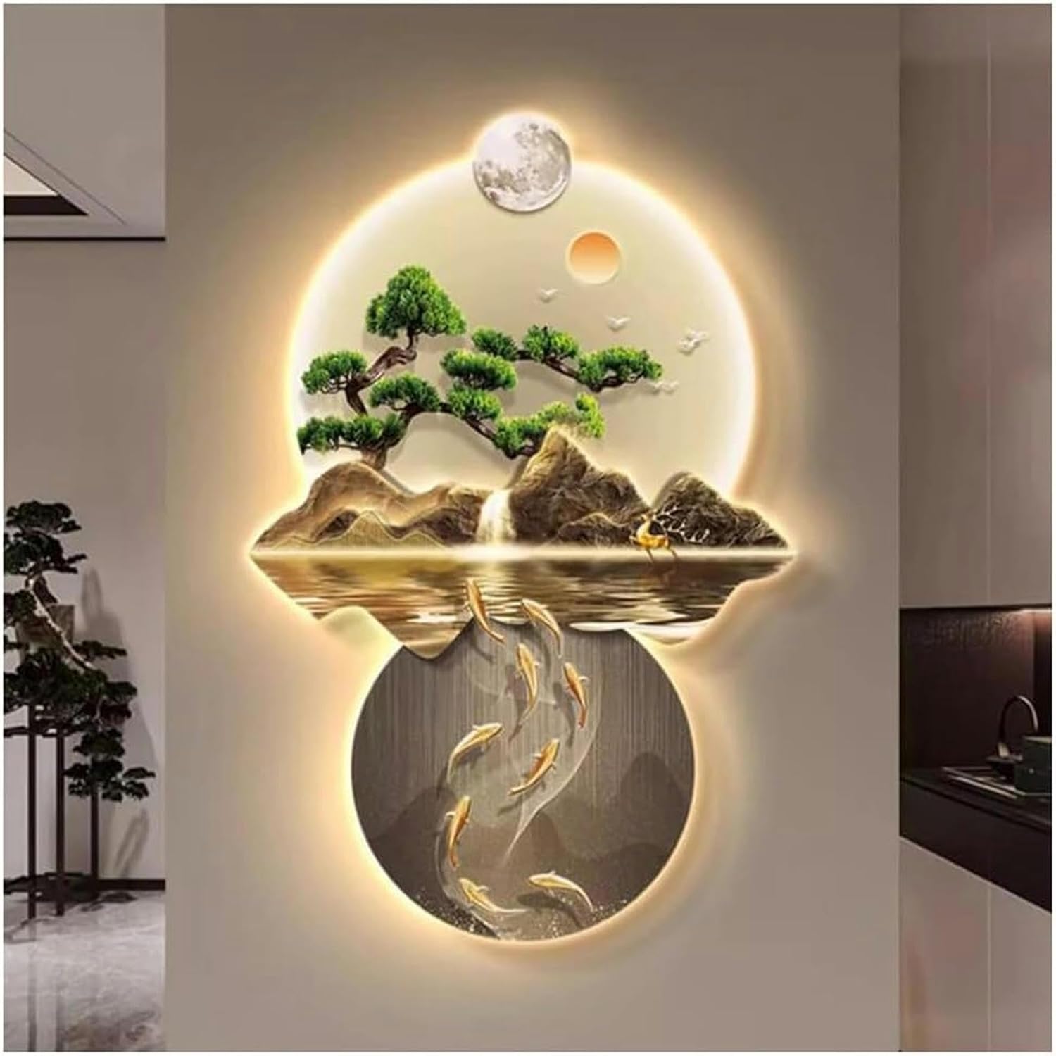 3D Wall Art Decor With Led Light, Wall Hanging Art, Oriental Decor Traditional Chinese Painting (Multi-colored, 47x70cm)