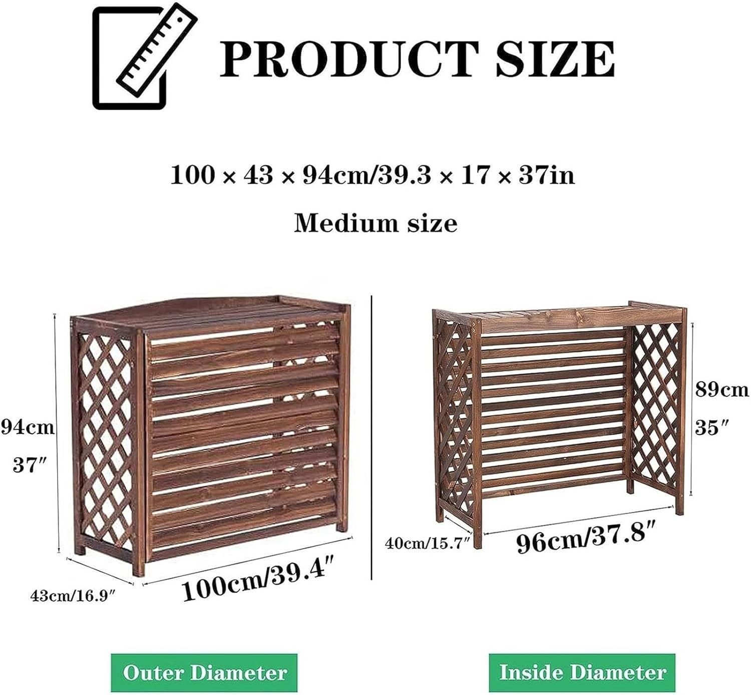 Weatherproof Air Conditioner Fence Screen Air Conditioner Rack Outdoor Radiator Covers, Solid Wood Cover Outdoor Plant Rack, Brown Grid Conditioning Shell Blinds Outer Cover Louvered ( Size : 100x43x9