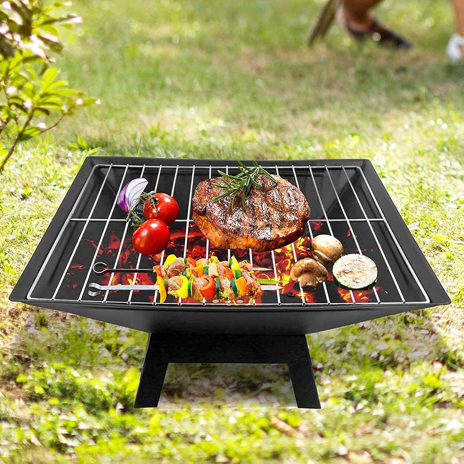 Wood Burning Fire Pit with Cooking & Grill, 18.5 Inch Outdoor BBQ Fire Pits with Spark Screen Fireplace Poker Fire Bowl