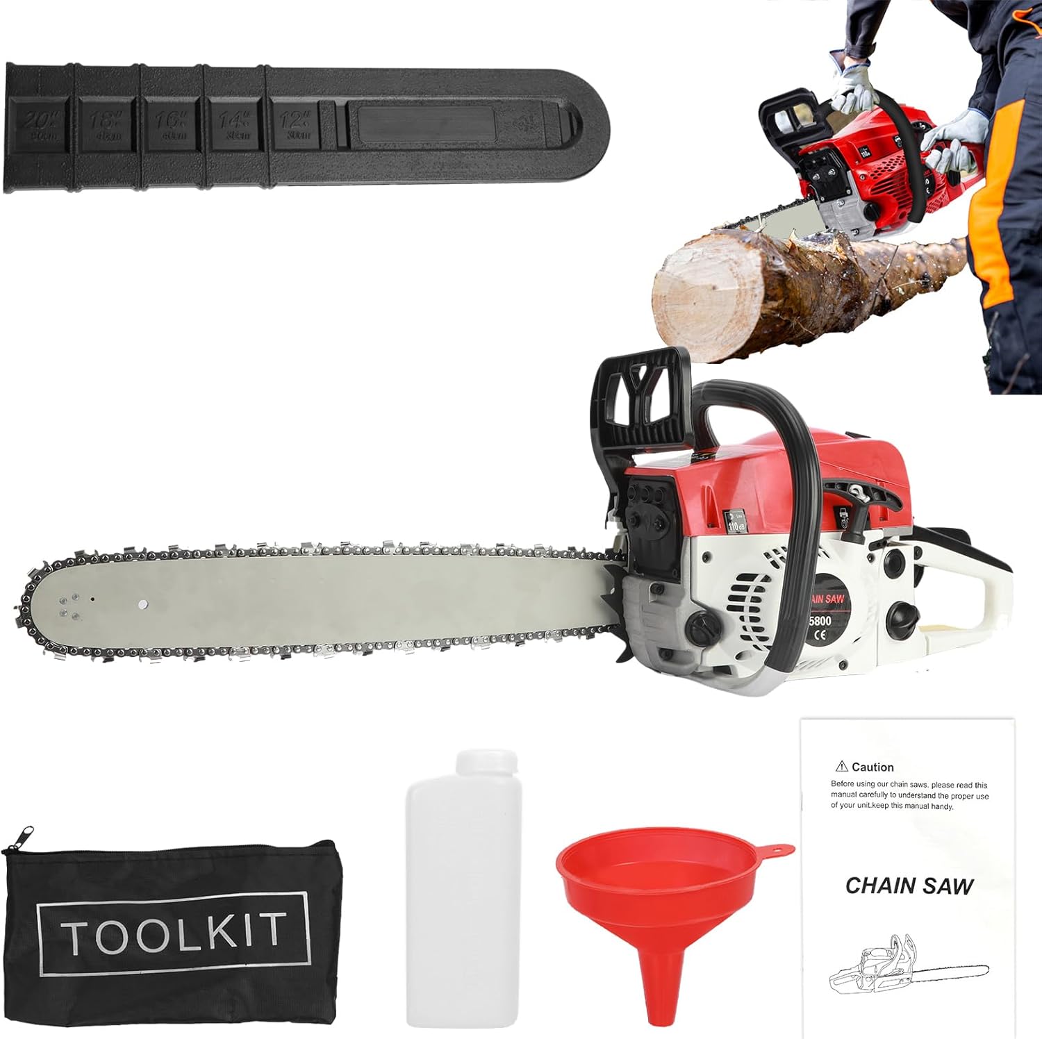 Gas Chainsaw 20 Inch, 58CC Chain Saw Gas Power, Multifunction G as Chain Saw, Cordless Ga s Powered Chainsaw for Wood Cutting, Garden, Farms (Red A)