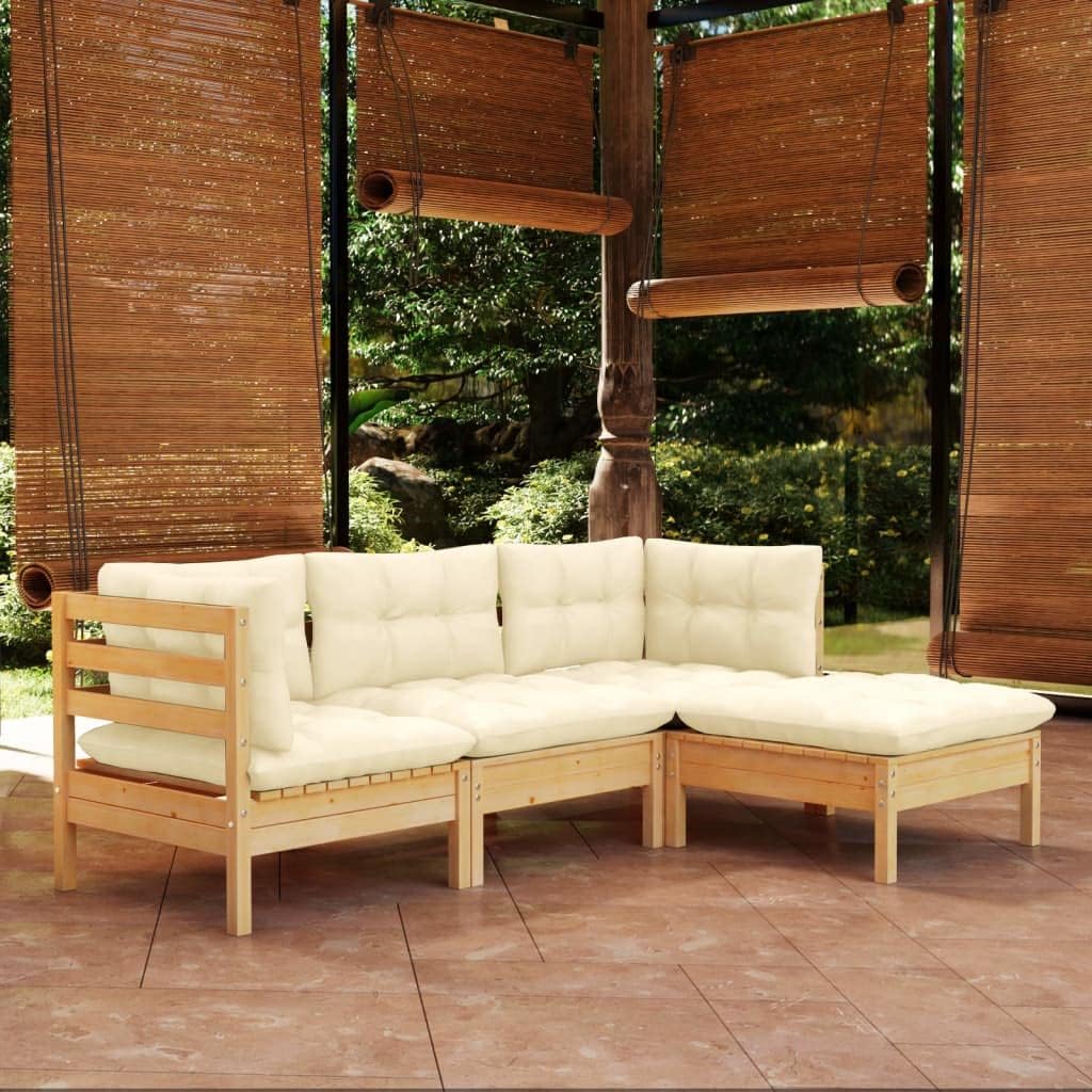 4 Piece Patio Lounge Set with Cream Cushions Pinewood,Cozy Pinewood Outdoor Lounge Set: Modular Comfort for Patio and Garden Furniture Sets for Patio, Lawn & Garden