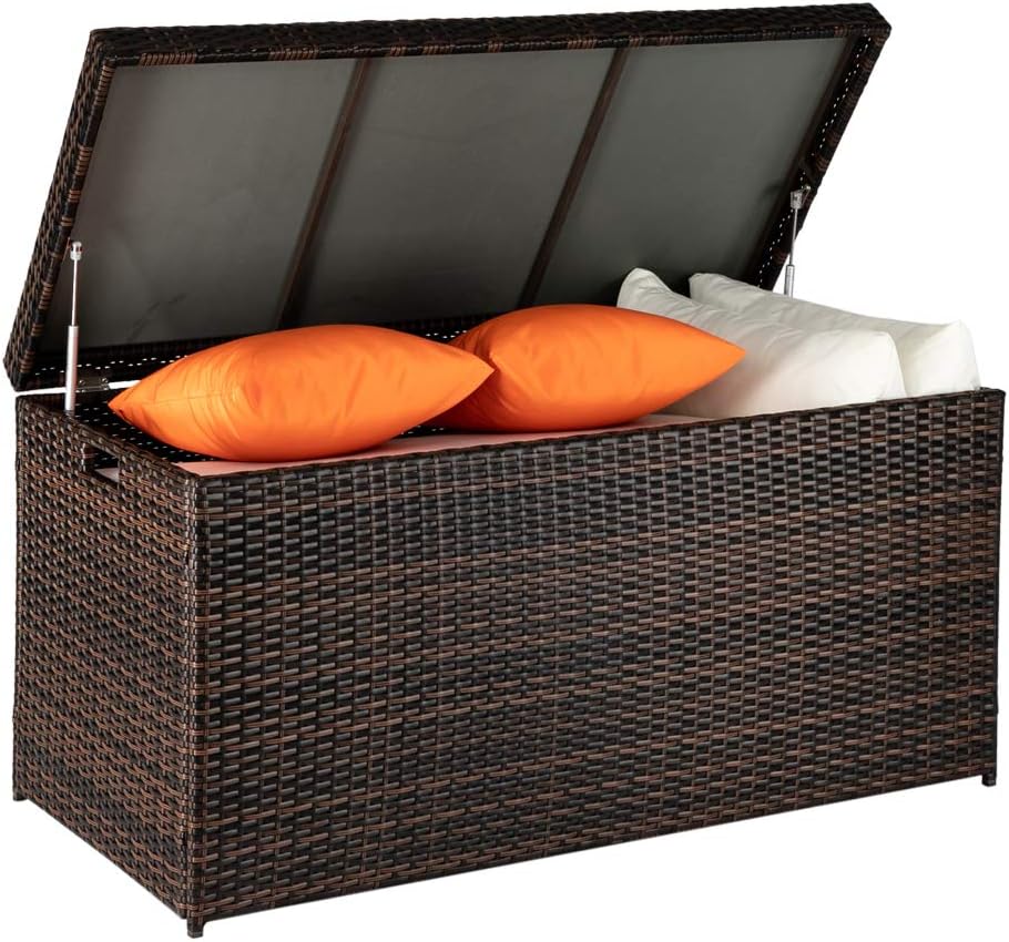 Henf Large 132 Gallon Outdoor Wicker Storage Box Patio Rattan Storage Deck Box, All Weather Patio Furniture Storage Organizer for Storing Tools, Accessories and Toys (Brown)