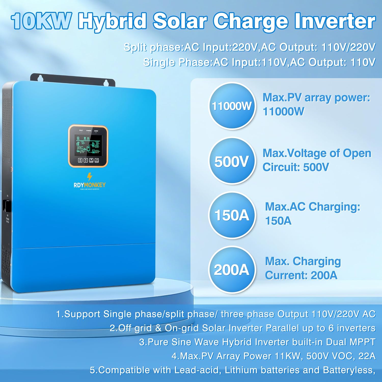 ZLPOWER UL1741 10000W DC 48V Solar Inverter, AC Input/Output 120V/240V(settable) Split Phase Pure Sine Wave Inverter, Built-in 2 MPPTs, Max 200A Battery Charging(Parallel/WiFi/BMS COMM), Batteryless