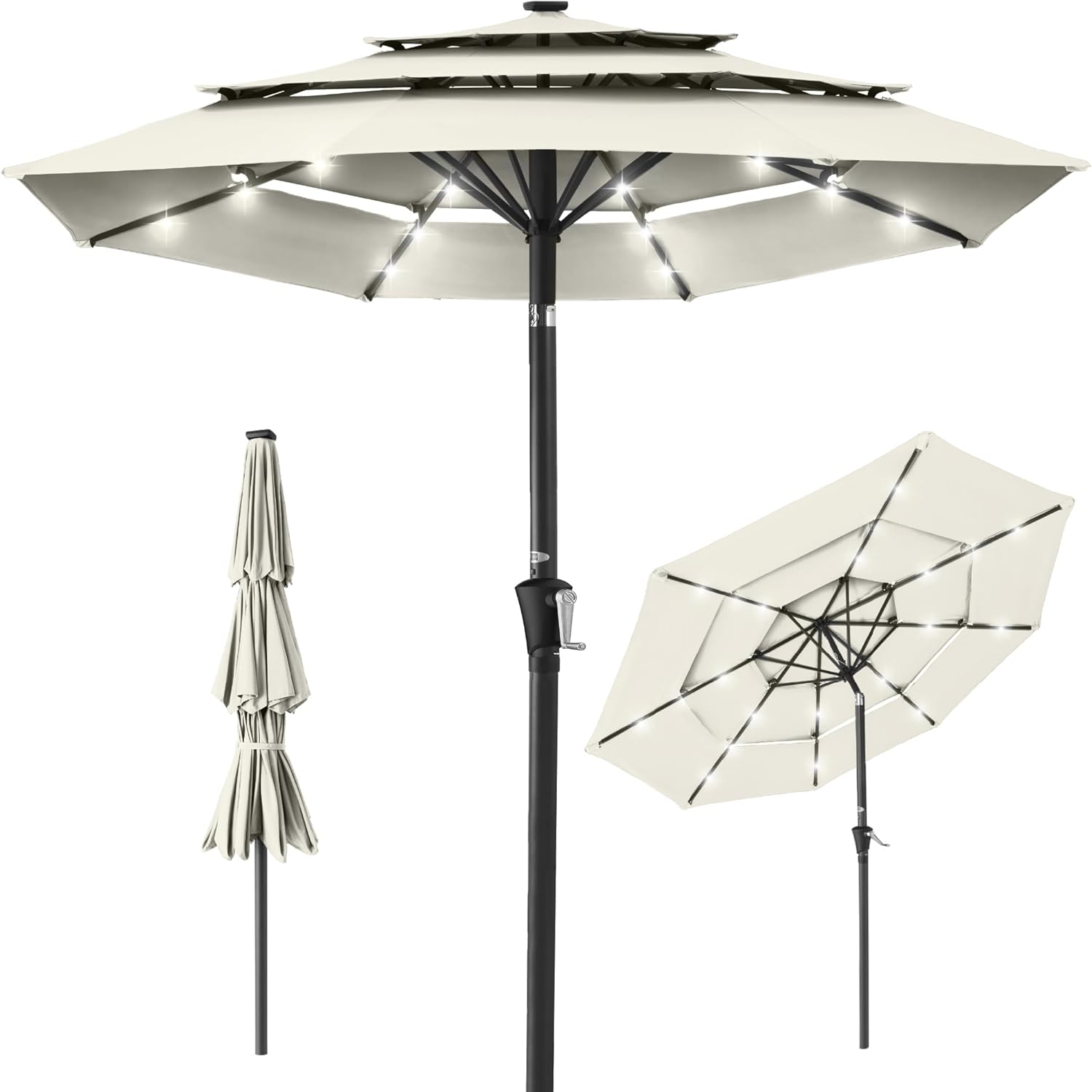 Best Choice Products 10ft 3-Tier Solar Patio Umbrella, Outdoor Market Sun Shade for Backyard, Deck, Poolside w/ 24 LED Lights, Tilt Adjustment, Easy Crank, 8 Ribs