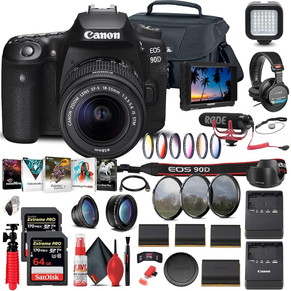 Canon EOS 90D DSLR Camera with 18-55mm Lens (3616C009) + 4K Monitor + Pro Mic + Pro Headphones + 2 x 64GB Memory Card + Color Filter Kit + Case + Corel Photo Software + More (Renewed)