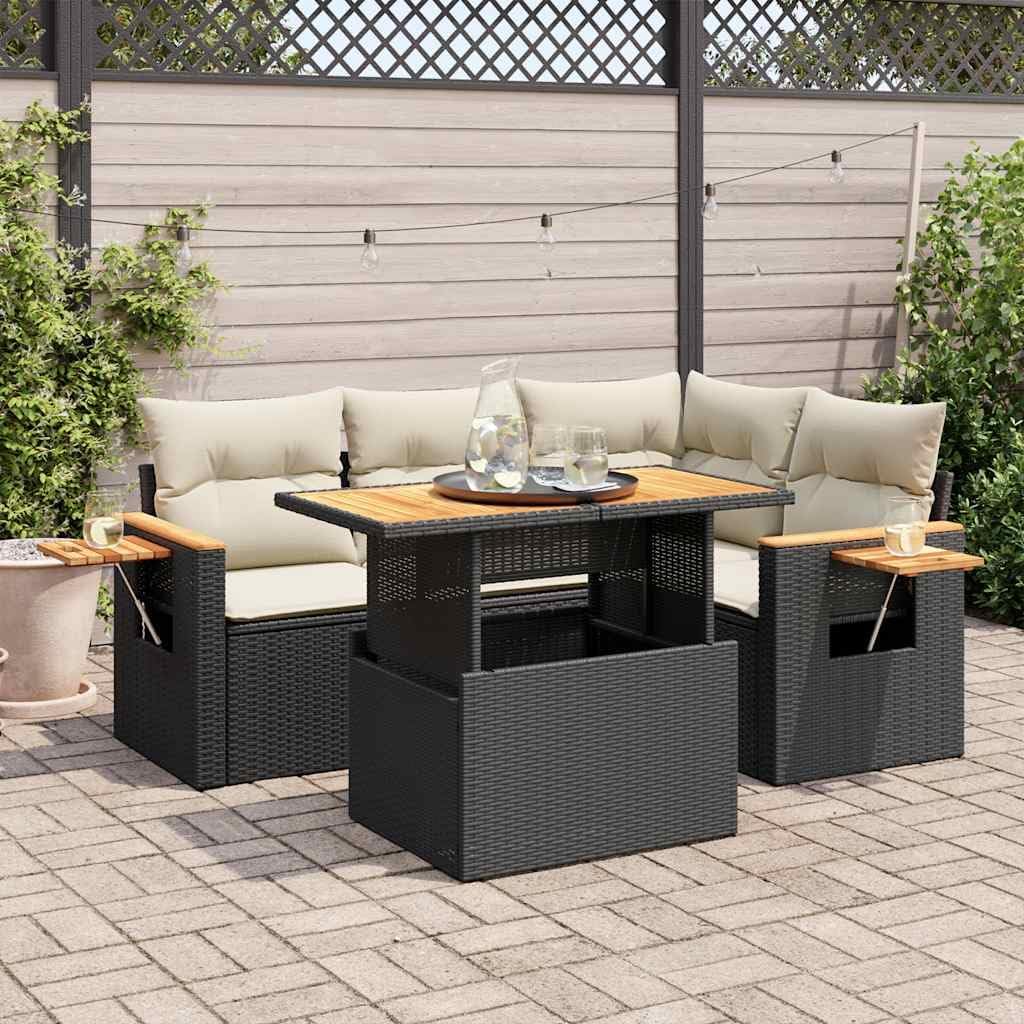 5 Piece Garden Sofa Set, Black Synthetic Rattan Patio Furniture with Acacia Wood, Modular Outdoor Table and Chairs for Balcony, Terrace
